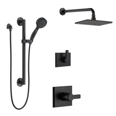 Delta Pivotal Matte Black Finish Shower System with Modern Controls, Wall Mount Rain Showerhead, and Hand Sprayer on Grab Bar Slide SS14993BL3