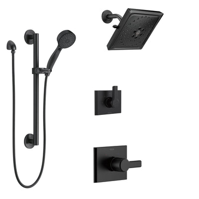 Delta Pivotal Matte Black Finish Shower System and Diverter with Modern Square Multi-Setting Showerhead and Grab Bar Mount Hand Sprayer SS14993BL5