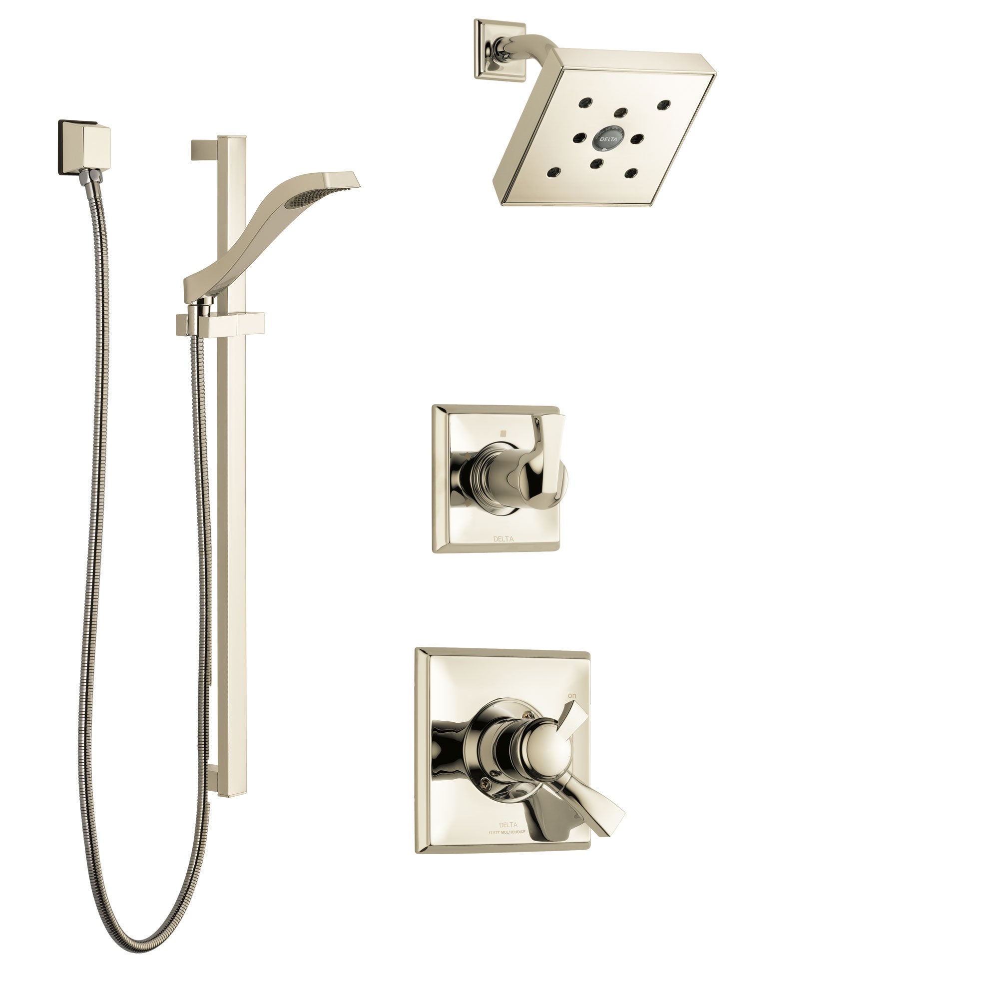 Delta Dryden Polished Nickel Finish Shower System with Dual Control Handle, 3-Setting Diverter, Showerhead, and Hand Shower with Slidebar SS172512PN2