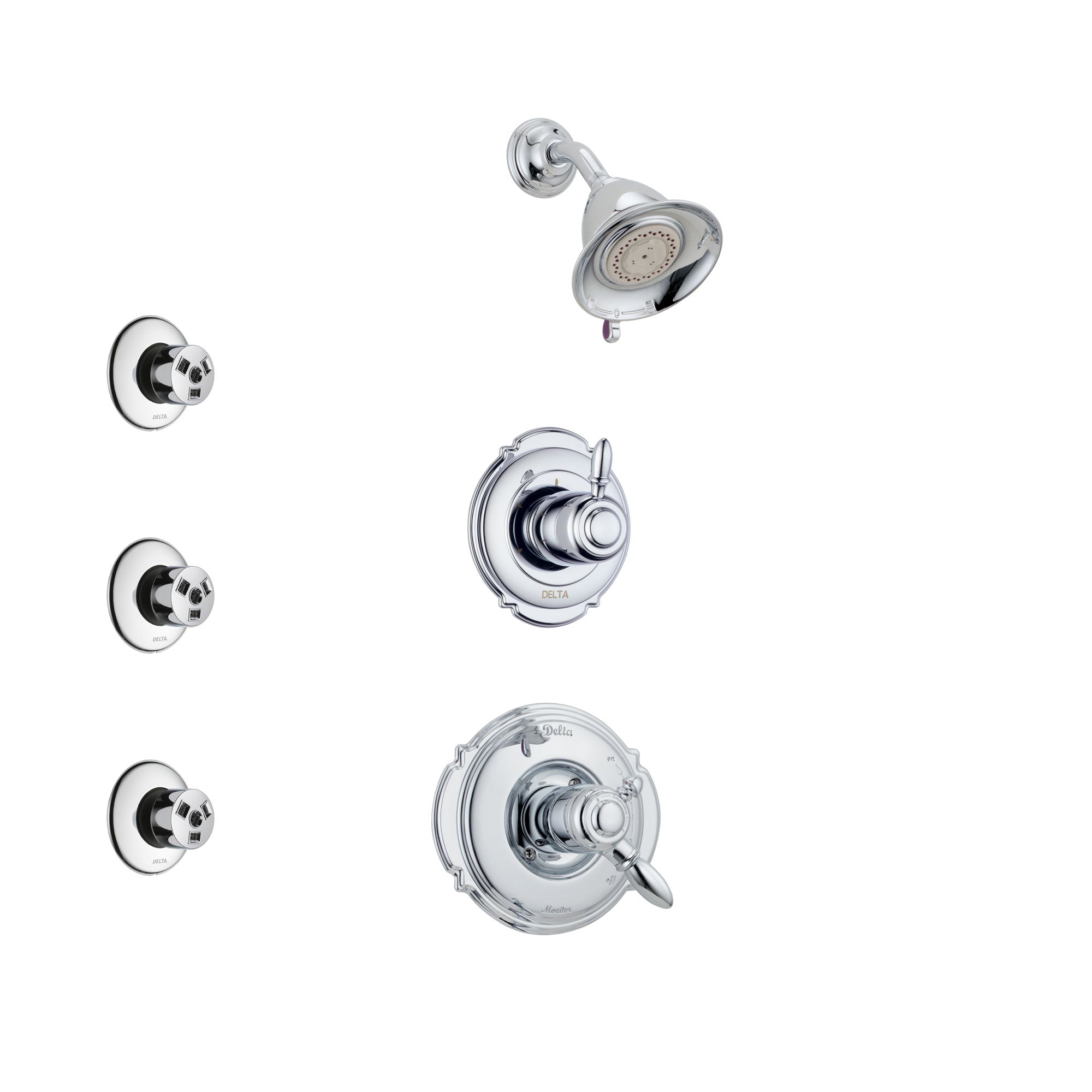 Delta Victorian Chrome Finish Shower System with Dual Control Handle, 3-Setting Diverter, Showerhead, and 3 Body Sprays SS1725512