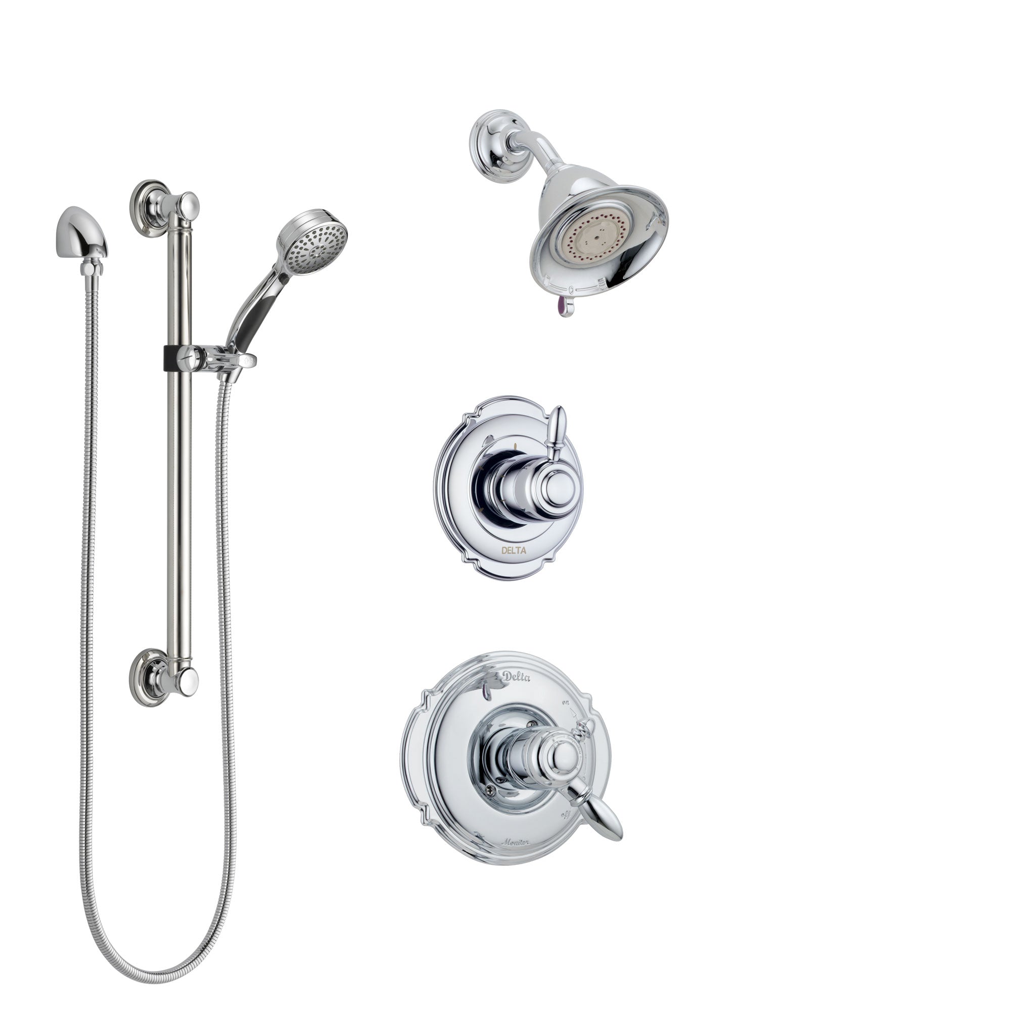 Delta Victorian Chrome Finish Shower System with Dual Control Handle, 3-Setting Diverter, Showerhead, and Hand Shower with Grab Bar SS1725513