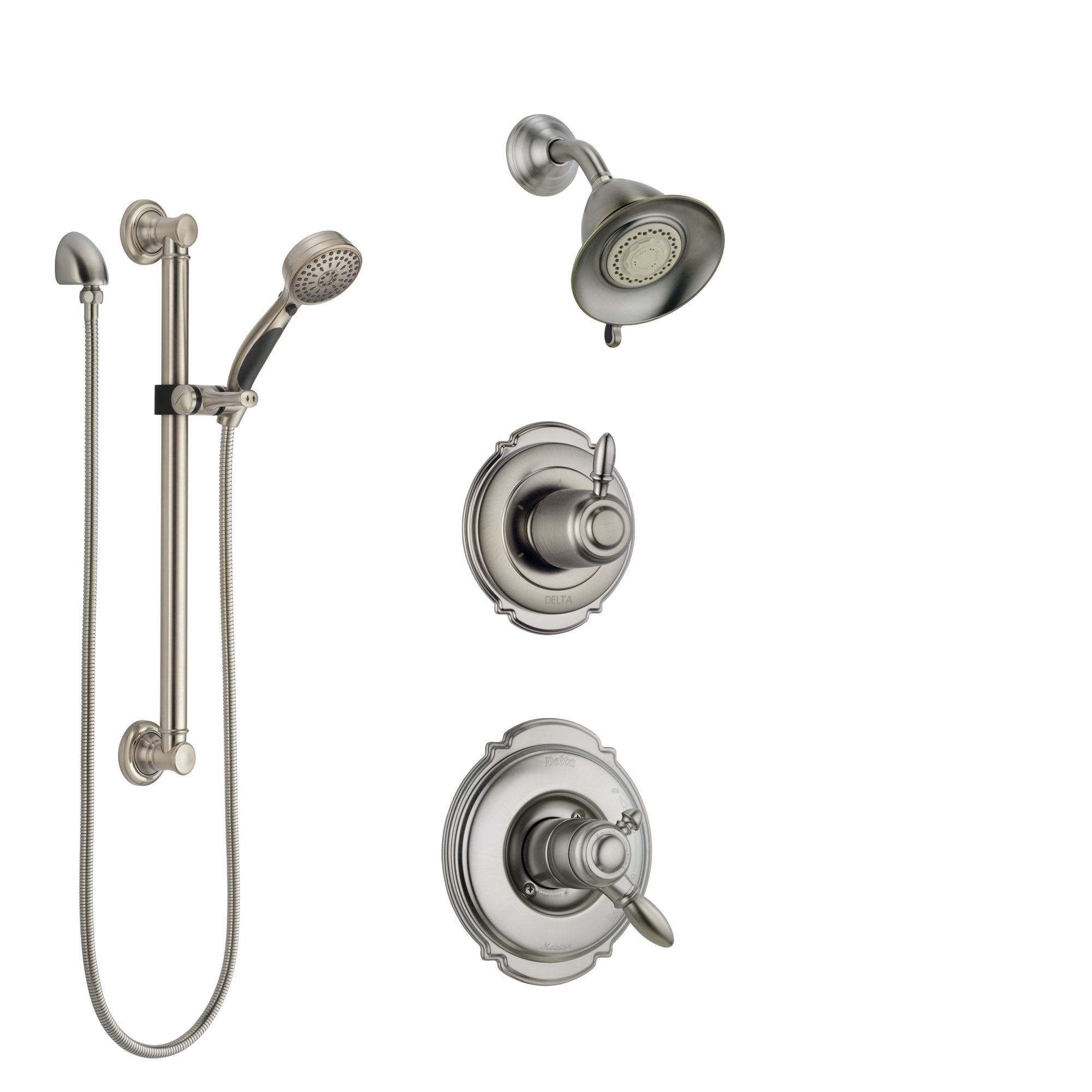 Delta Victorian Stainless Steel Finish Shower System with Dual Control Handle, Diverter, Showerhead, and Hand Shower with Grab Bar SS172551SS3