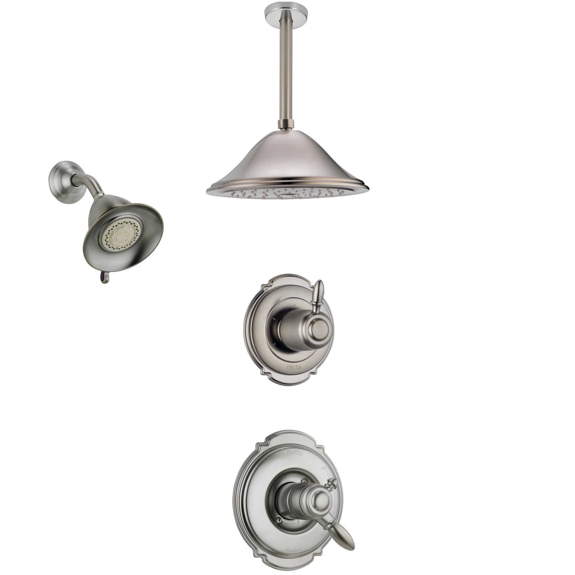 Delta Victorian Stainless Steel Finish Shower System with Dual Control Handle, Diverter, Showerhead, and Ceiling Mount Showerhead SS172551SS5