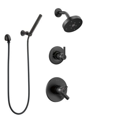 Delta Trinsic Matte Black Finish Modern Round Complete Shower Faucet System with Wall Mount Showerhead and Hand Sprayer with Holder SS172593BL4