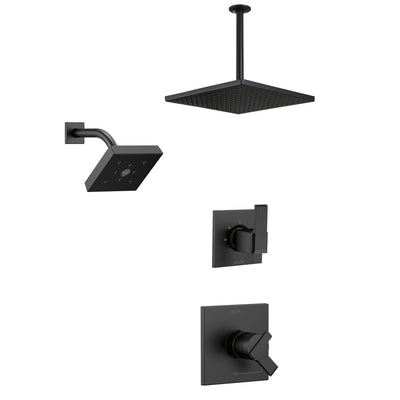 Delta Ara Matte Black Finish Modern Square Shower System with Large Overhead Ceiling Rain Showerhead and Wall Mount Showerhead SS172673BL1
