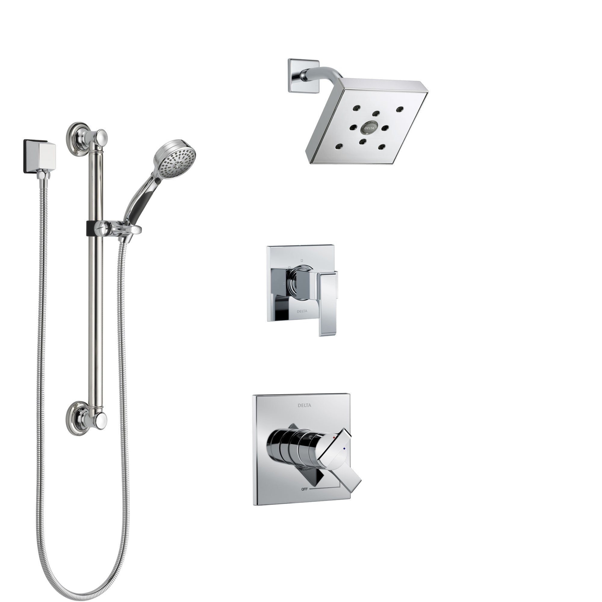 Delta Ara Chrome Finish Shower System with Dual Control Handle, 3-Setting Diverter, Showerhead, and Hand Shower with Grab Bar SS172673