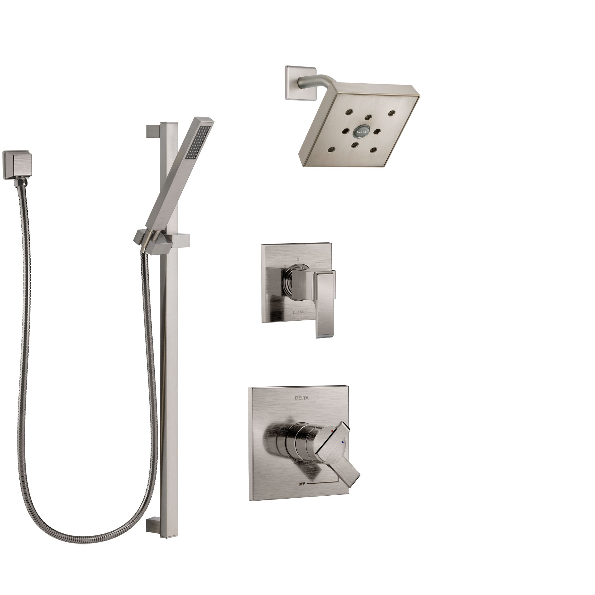 Delta Ara Stainless Steel Finish Shower System with Dual Control Handle, 3-Setting Diverter, Showerhead, and Hand Shower with Slidebar SS17267SS4