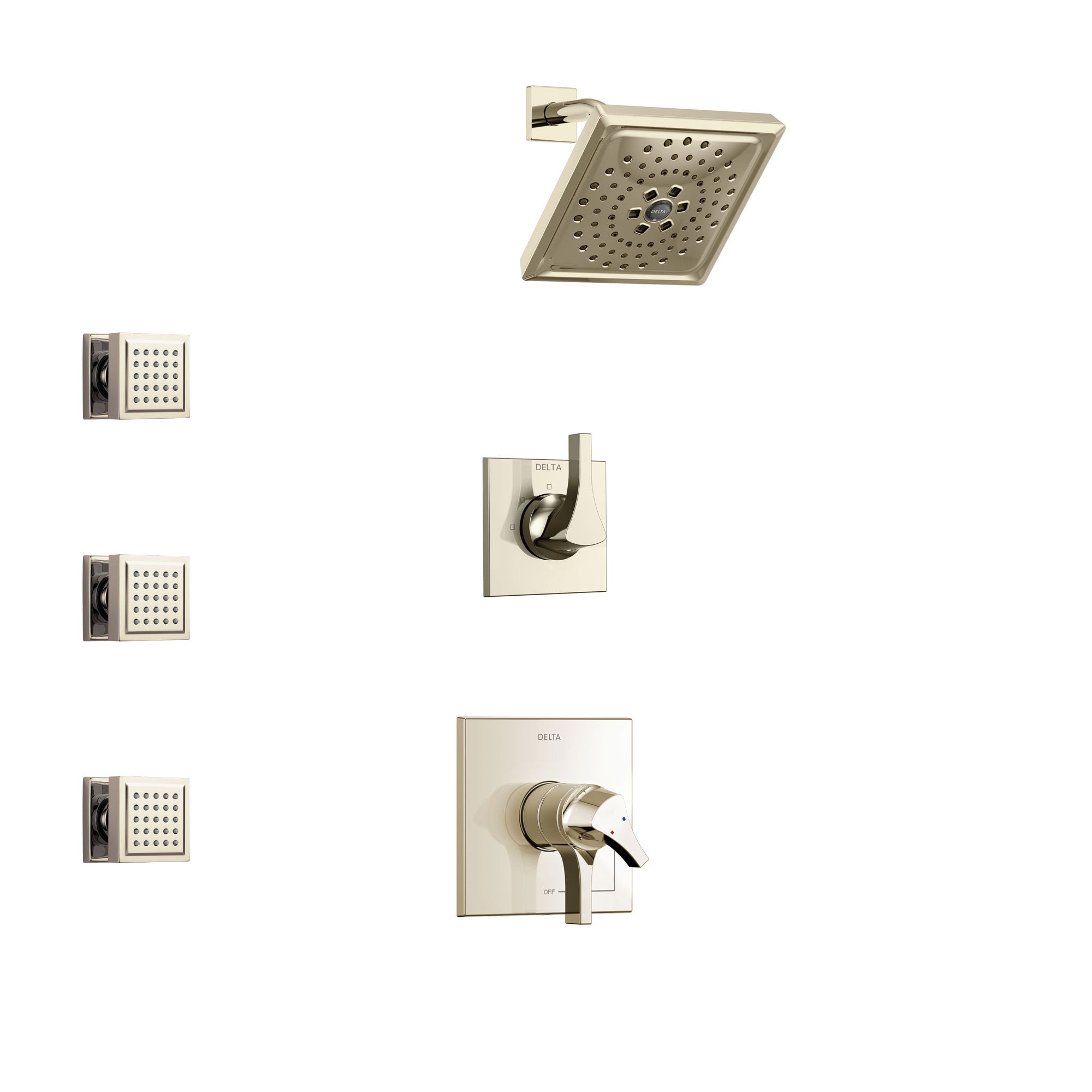 Delta Zura Polished Nickel Finish Shower System with Dual Control Handle, 3-Setting Diverter, Showerhead, and 3 Body Sprays SS17274PN1