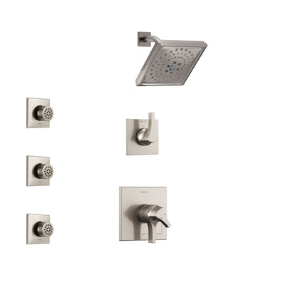 Delta Zura Stainless Steel Finish Shower System with Dual Control Handle, 3-Setting Diverter, Showerhead, and 3 Body Sprays SS17274SS2
