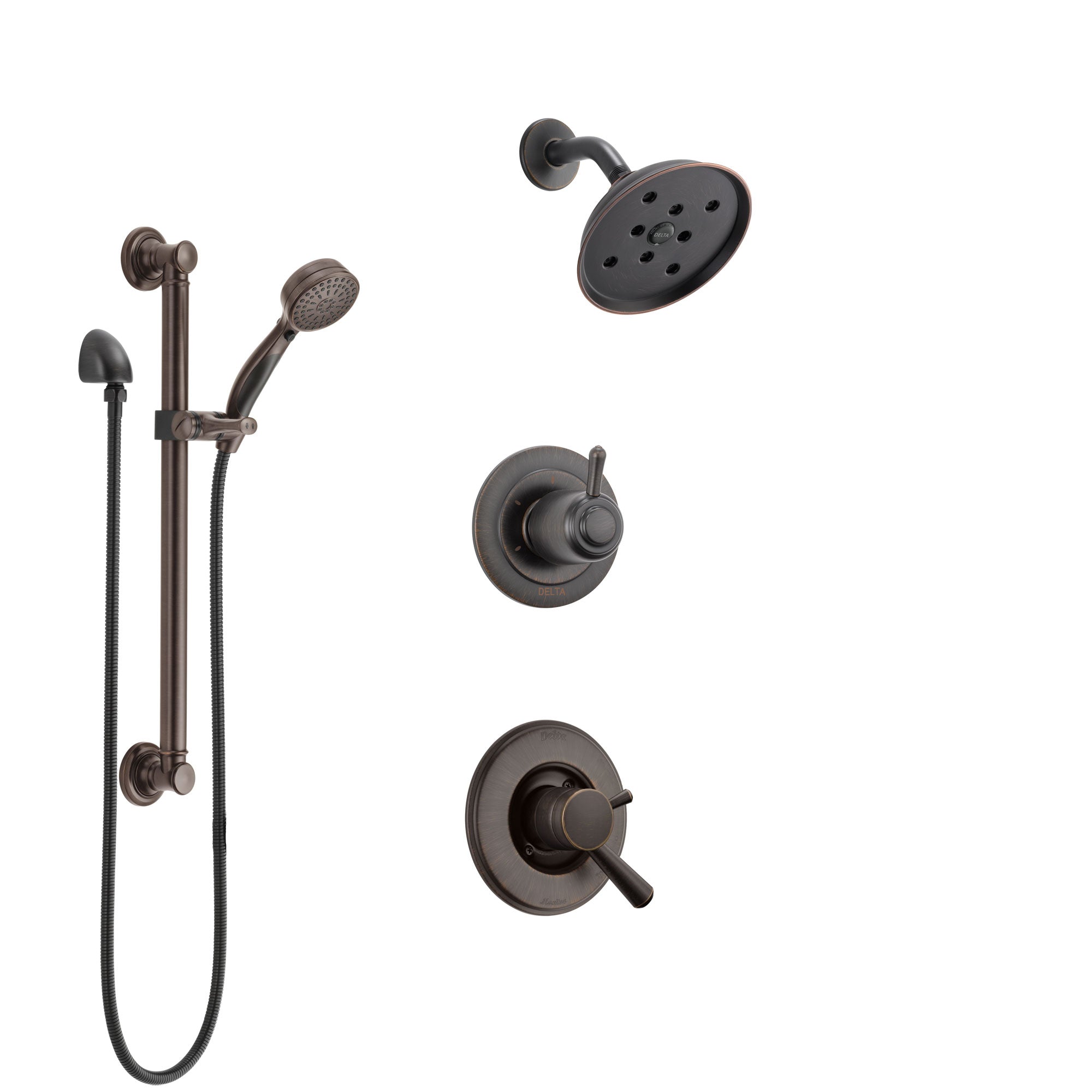 Delta Linden Venetian Bronze Finish Shower System with Dual Control Handle, 3-Setting Diverter, Showerhead, and Hand Shower with Grab Bar SS17293RB3