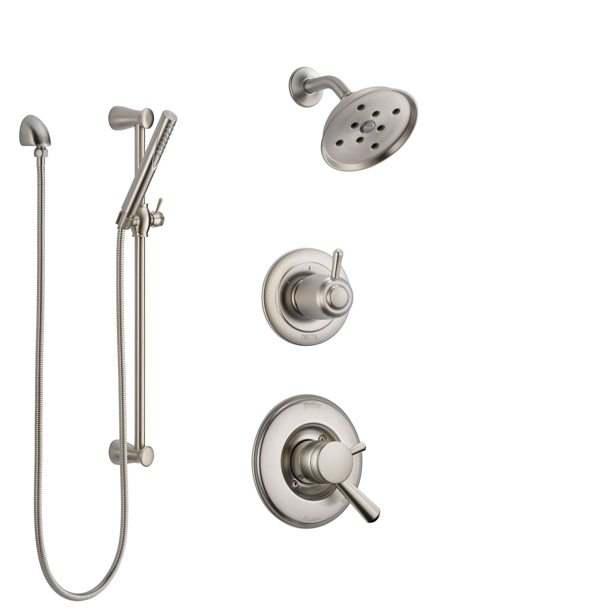 Delta Linden Stainless Steel Finish Shower System with Dual Control Handle, 3-Setting Diverter, Showerhead, and Hand Shower with Slidebar SS17293SS4