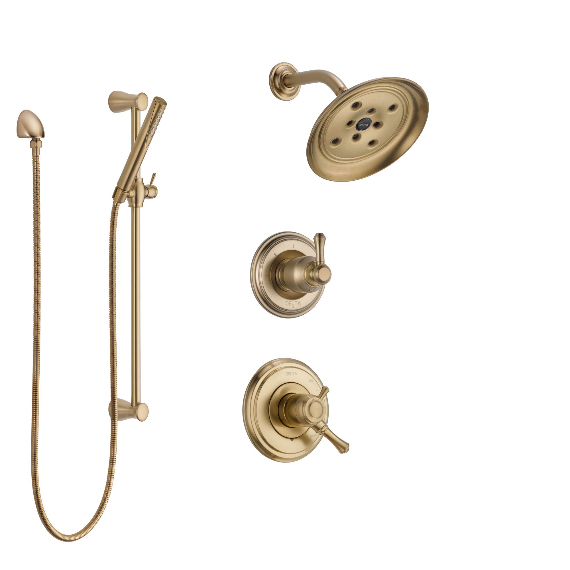 Delta Cassidy Champagne Bronze Finish Shower System with Dual Control Handle, 3-Setting Diverter, Showerhead, and Hand Shower with Slidebar SS17297CZ2
