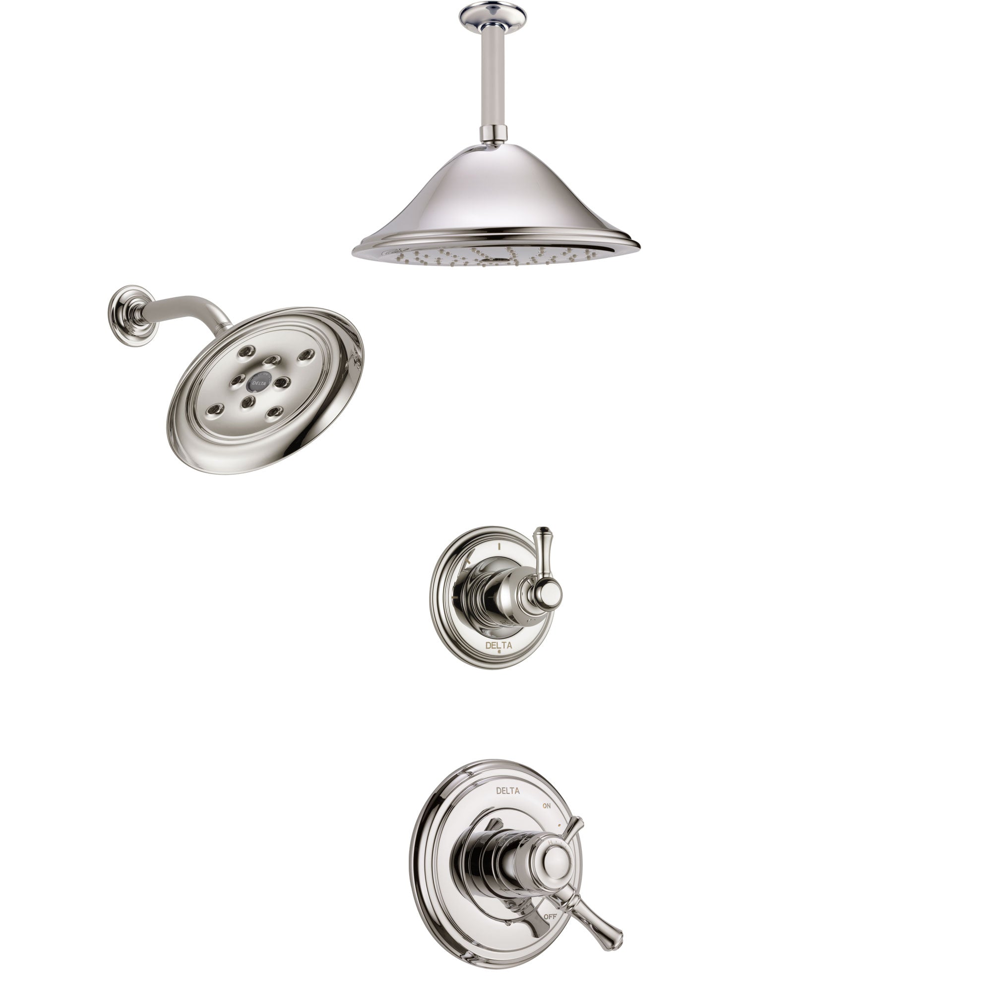 Delta Cassidy Polished Nickel Finish Shower System with Dual Control Handle, 3-Setting Diverter, Showerhead, and Ceiling Mount Showerhead SS17297PN3