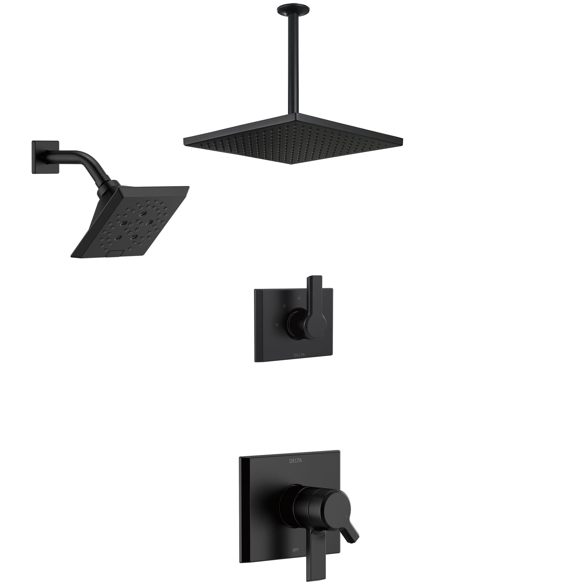 Delta Pivotal Matte Black Finish Modern Angular Shower System with Large Rain Ceiling Showerhead and Multi-Setting Wall Mount Showerhead SS172993BL1