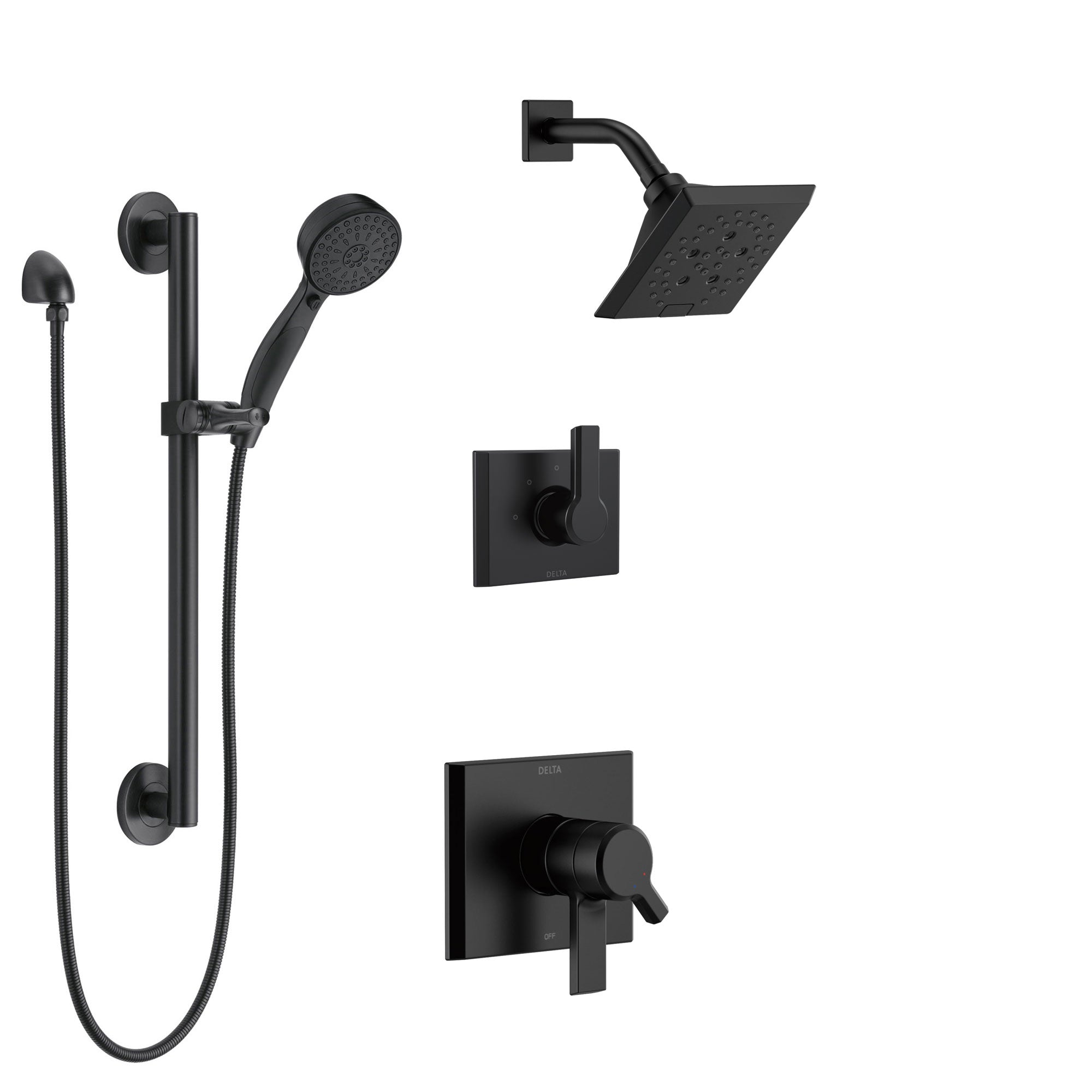 Delta Pivotal Matte Black Finish Modern Dual Control Shower System with Diverter, Wall Mount Showerhead, and Hand Shower with Grab Bar SS172993BL2