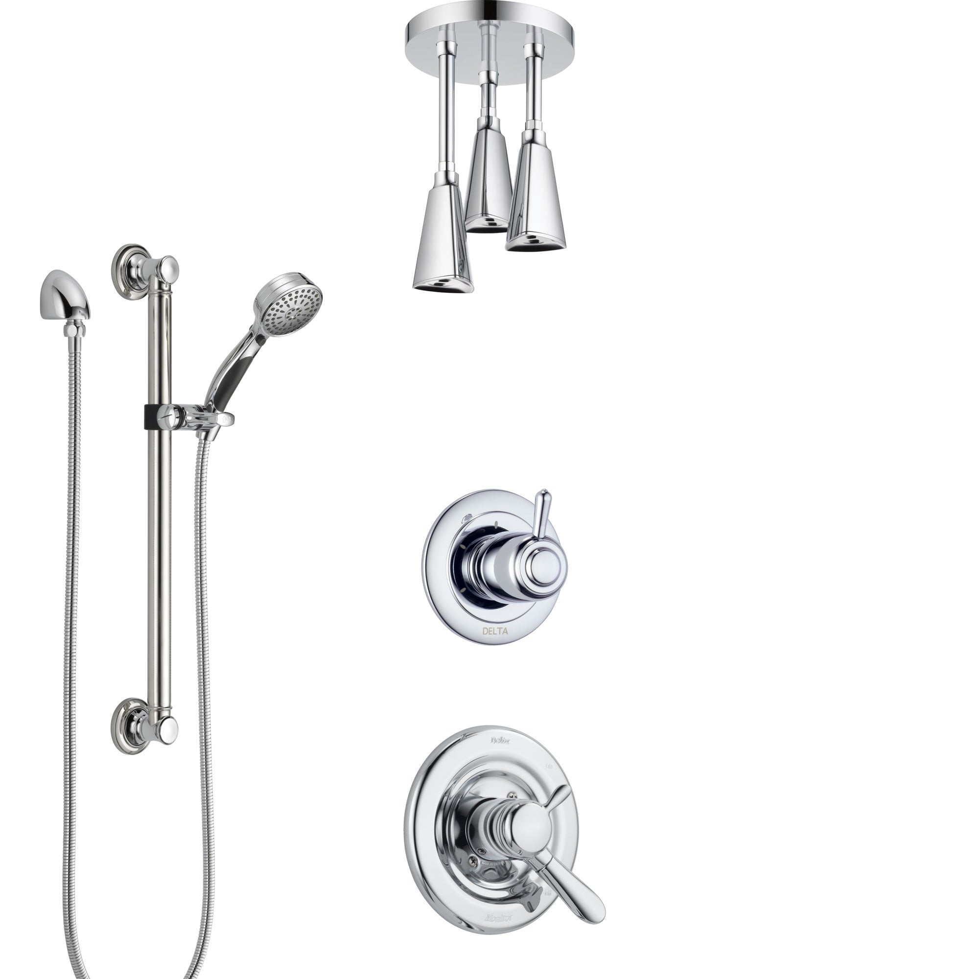 Delta Lahara Chrome Finish Shower System with Dual Control Handle, 3-Setting Diverter, Ceiling Mount Showerhead, and Hand Shower with Grab Bar SS17384