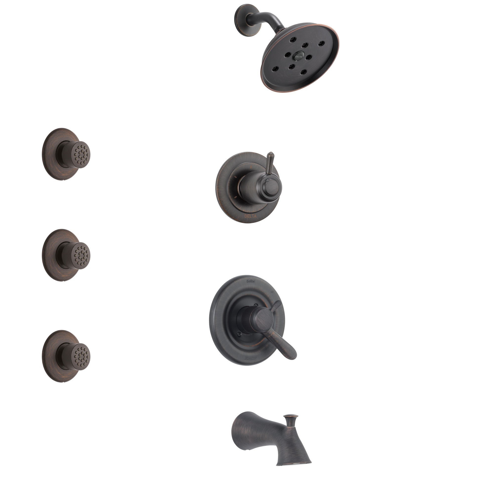 Delta Lahara Venetian Bronze Finish Tub and Shower System with Dual Control Handle, 3-Setting Diverter, Showerhead, and 3 Body Sprays SS17438RB1