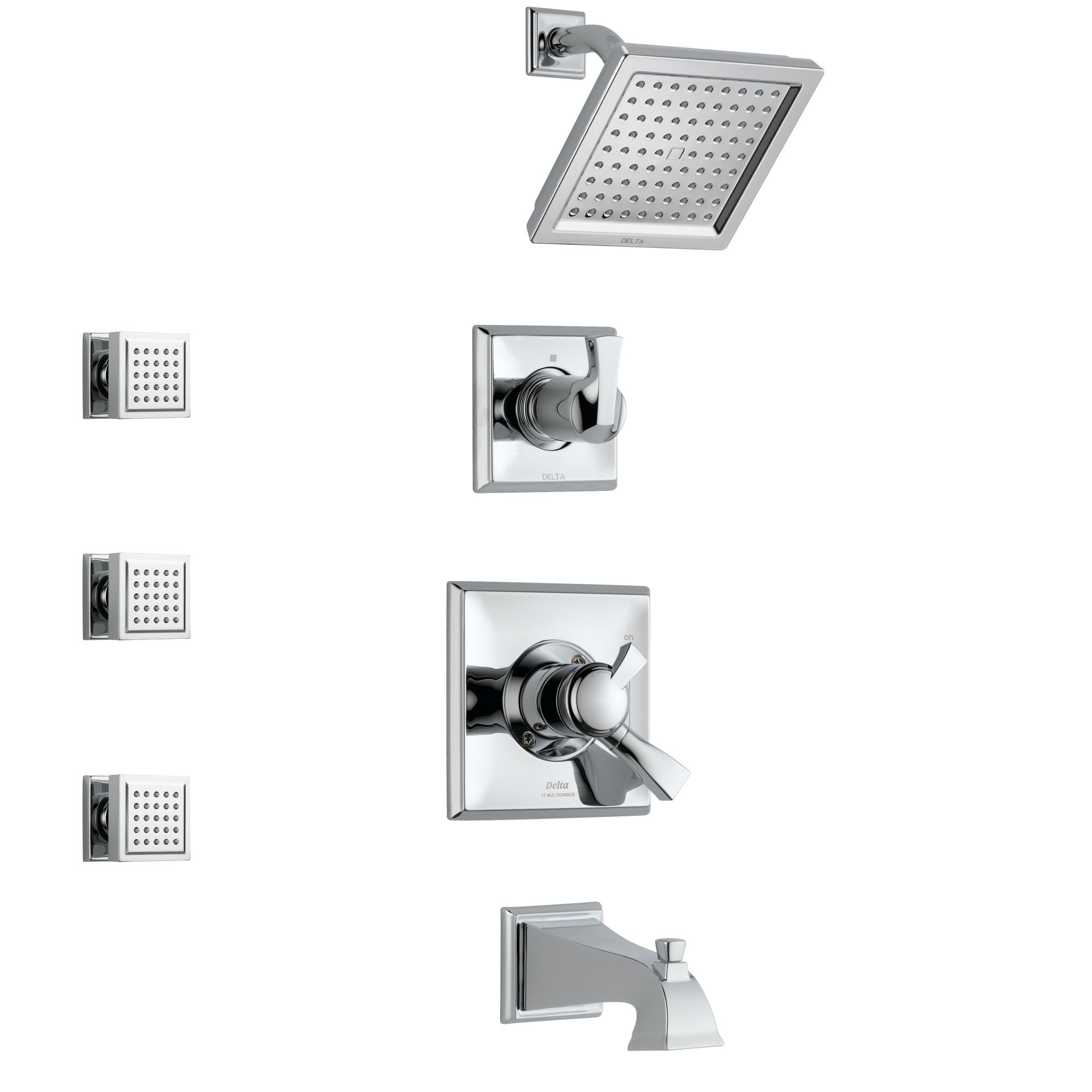 Delta Dryden Chrome Finish Tub and Shower System with Dual Control Handle, 3-Setting Diverter, Showerhead, and 3 Body Sprays SS1745111