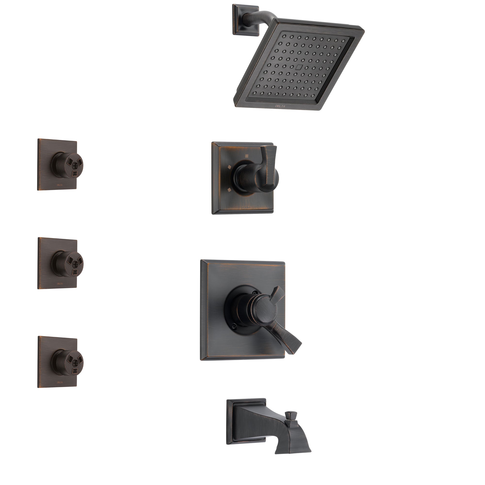 Delta Dryden Venetian Bronze Finish Tub and Shower System with Dual Control Handle, 3-Setting Diverter, Showerhead, and 3 Body Sprays SS174511RB1