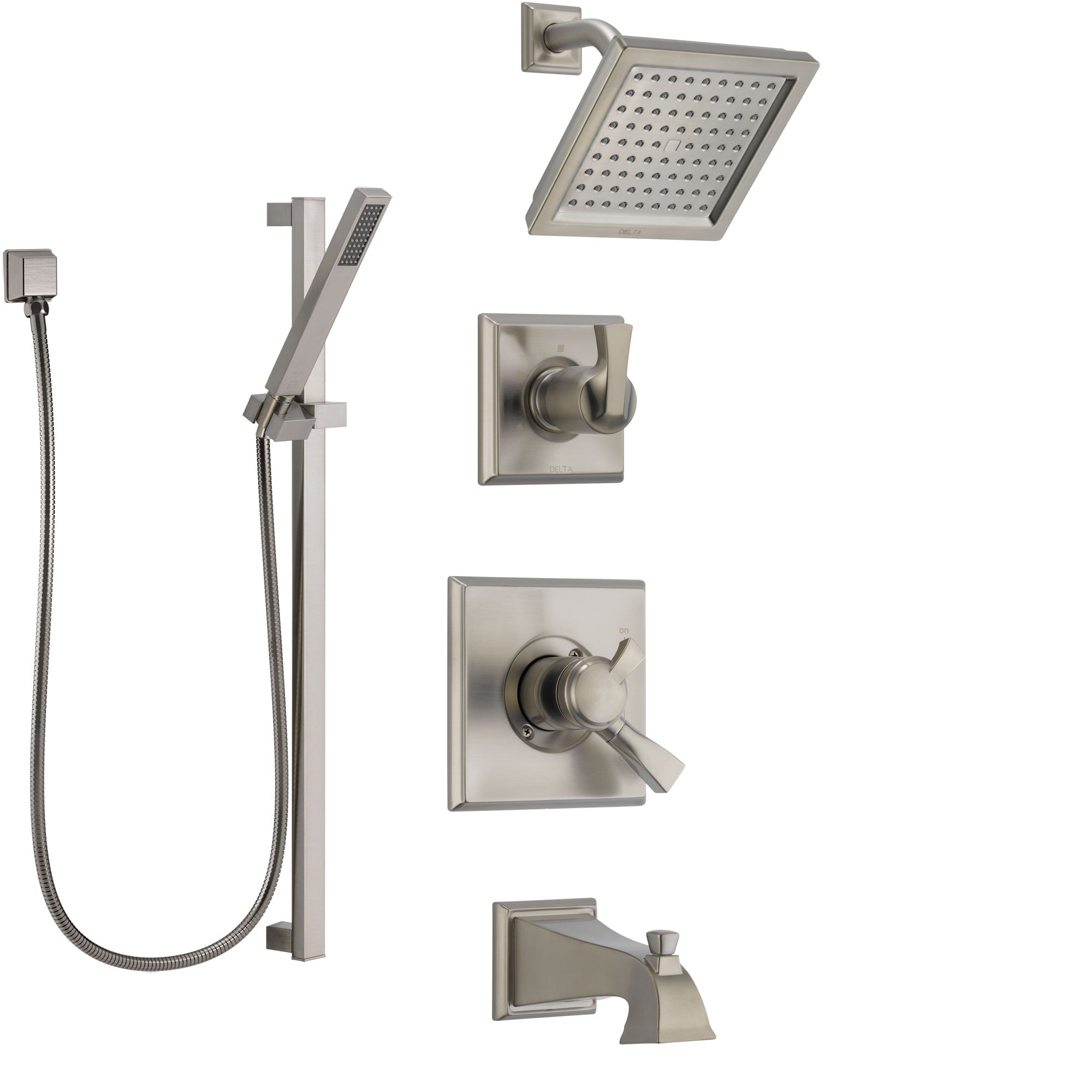 Delta Dryden Stainless Steel Finish Tub and Shower System with Dual Control Handle, Diverter, Showerhead, and Hand Shower with Slidebar SS174511SS4