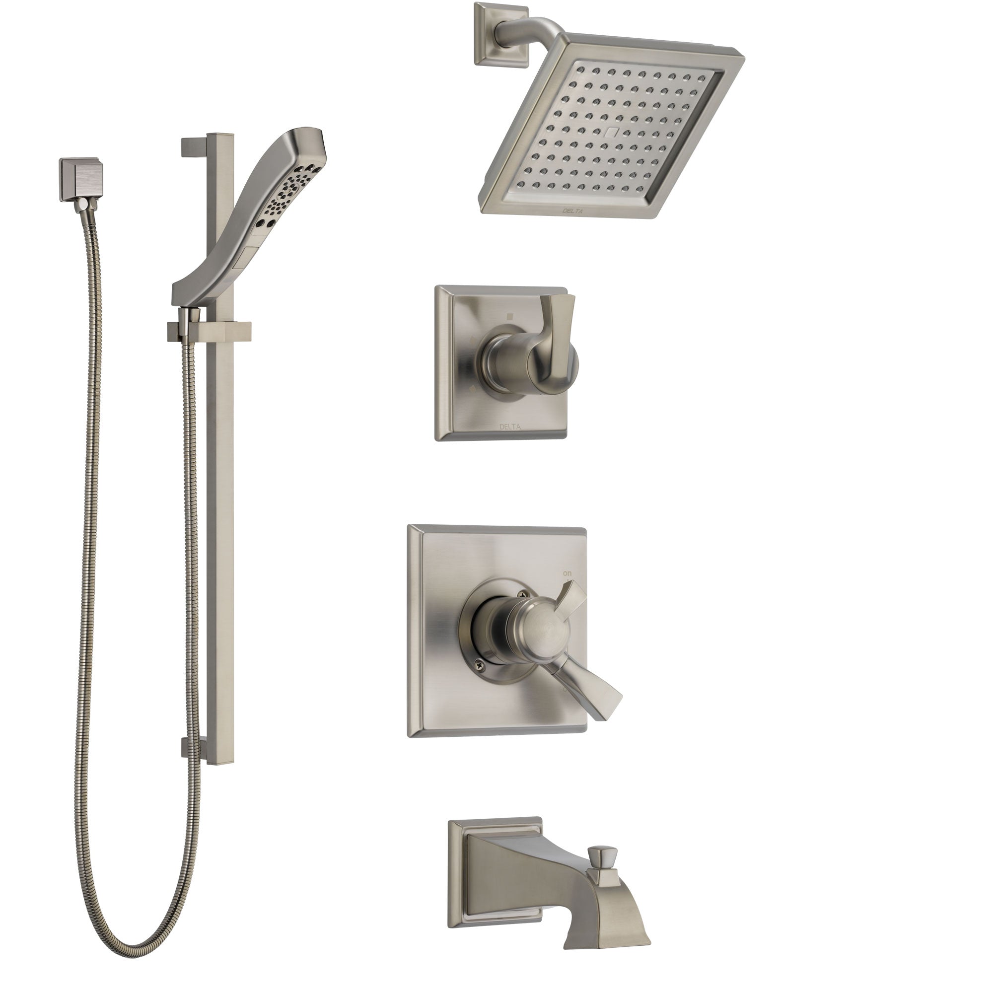 Delta Dryden Stainless Steel Finish Tub and Shower System with Dual Control Handle, Diverter, Showerhead, and Hand Shower with Slidebar SS174511SS5