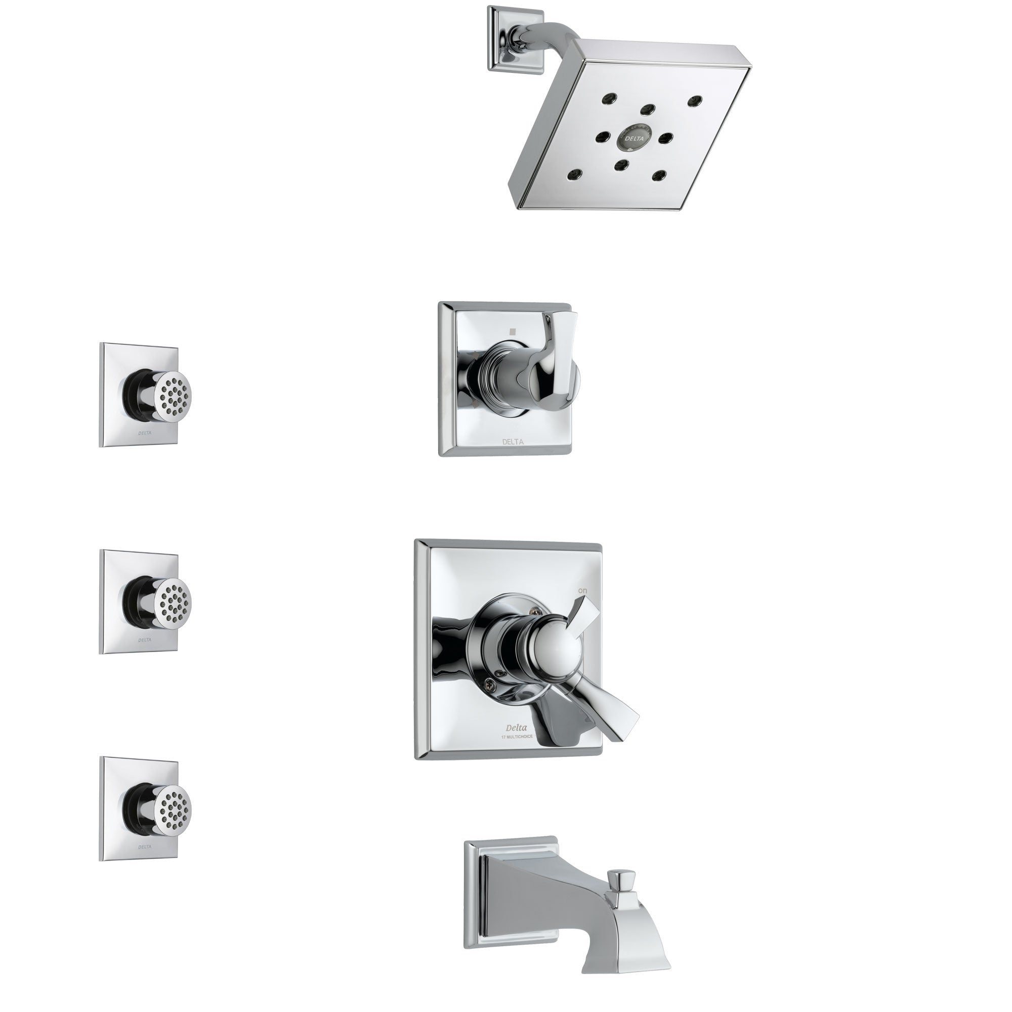 Delta Dryden Chrome Finish Tub and Shower System with Dual Control Handle, 3-Setting Diverter, Showerhead, and 3 Body Sprays SS1745121