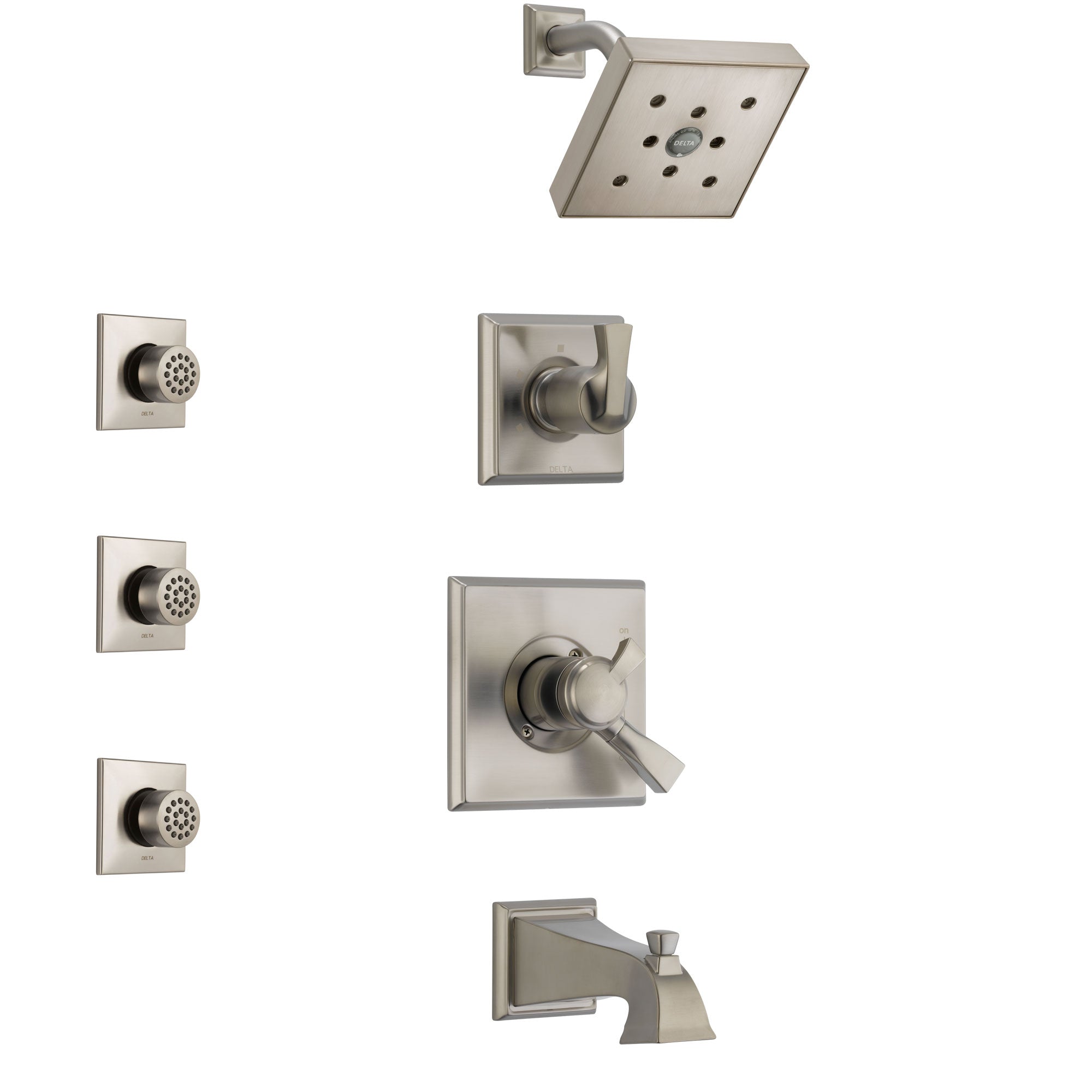 Delta Dryden Stainless Steel Finish Tub and Shower System with Dual Control Handle, 3-Setting Diverter, Showerhead, and 3 Body Sprays SS174512SS2