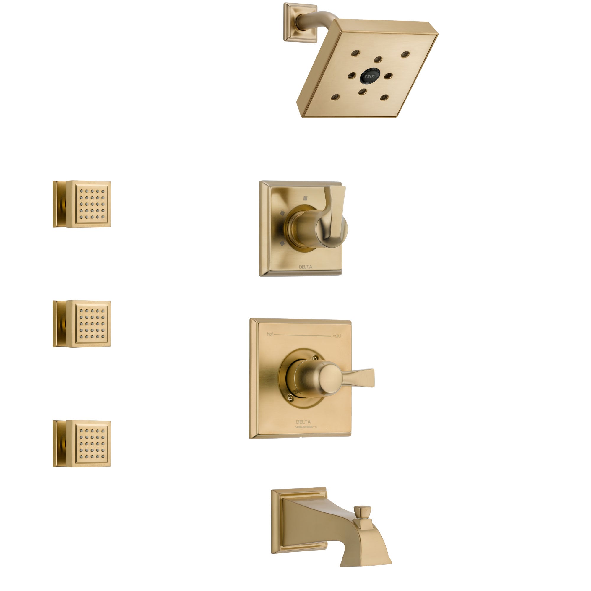 Delta Dryden Champagne Bronze Finish Tub and Shower System with Dual Control Handle, 3-Setting Diverter, Showerhead, and 3 Body Sprays SS17451CZ1