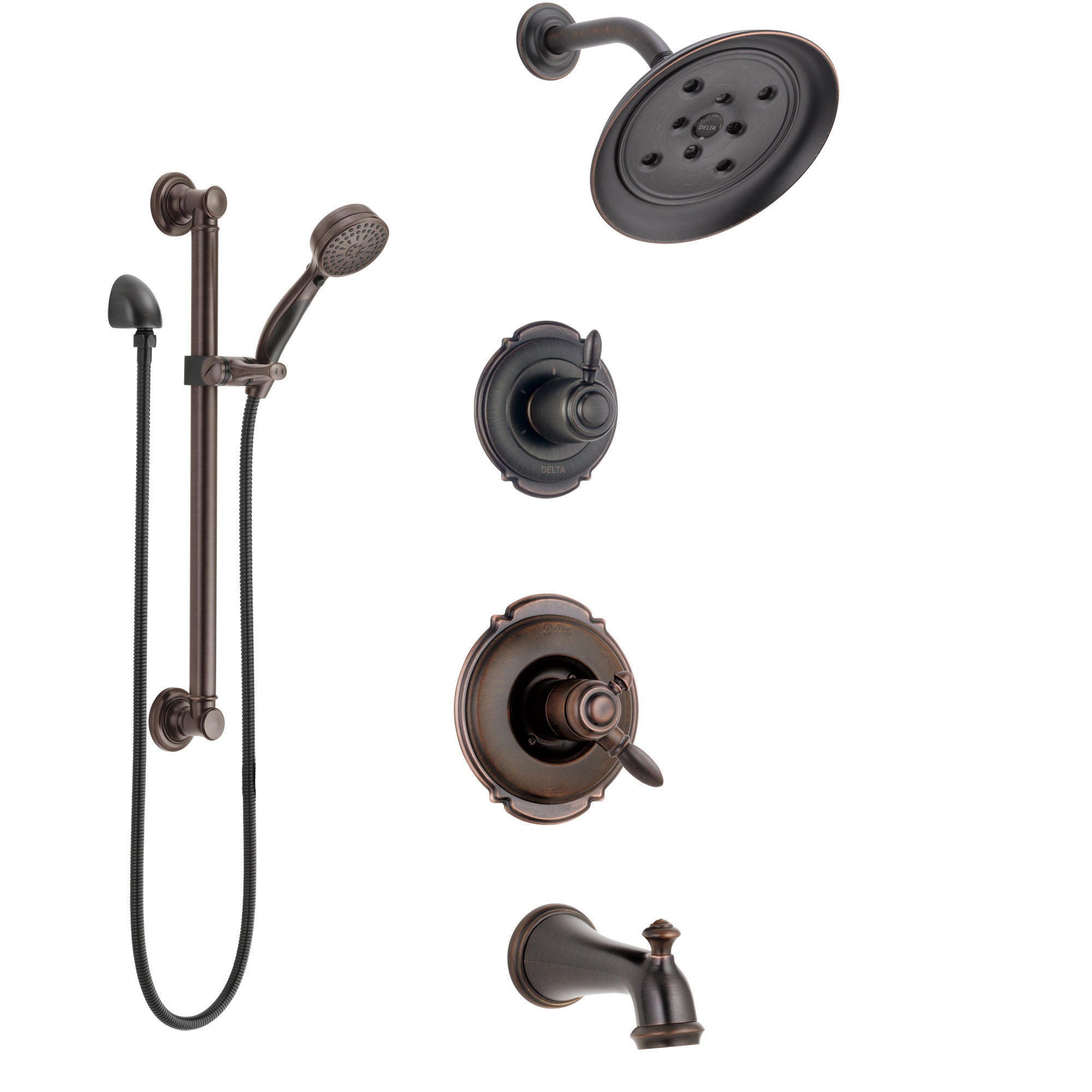 Delta Victorian Venetian Bronze Tub and Shower System with Dual Control Handle, Diverter, Showerhead, and Hand Shower with Grab Bar SS174552RB3