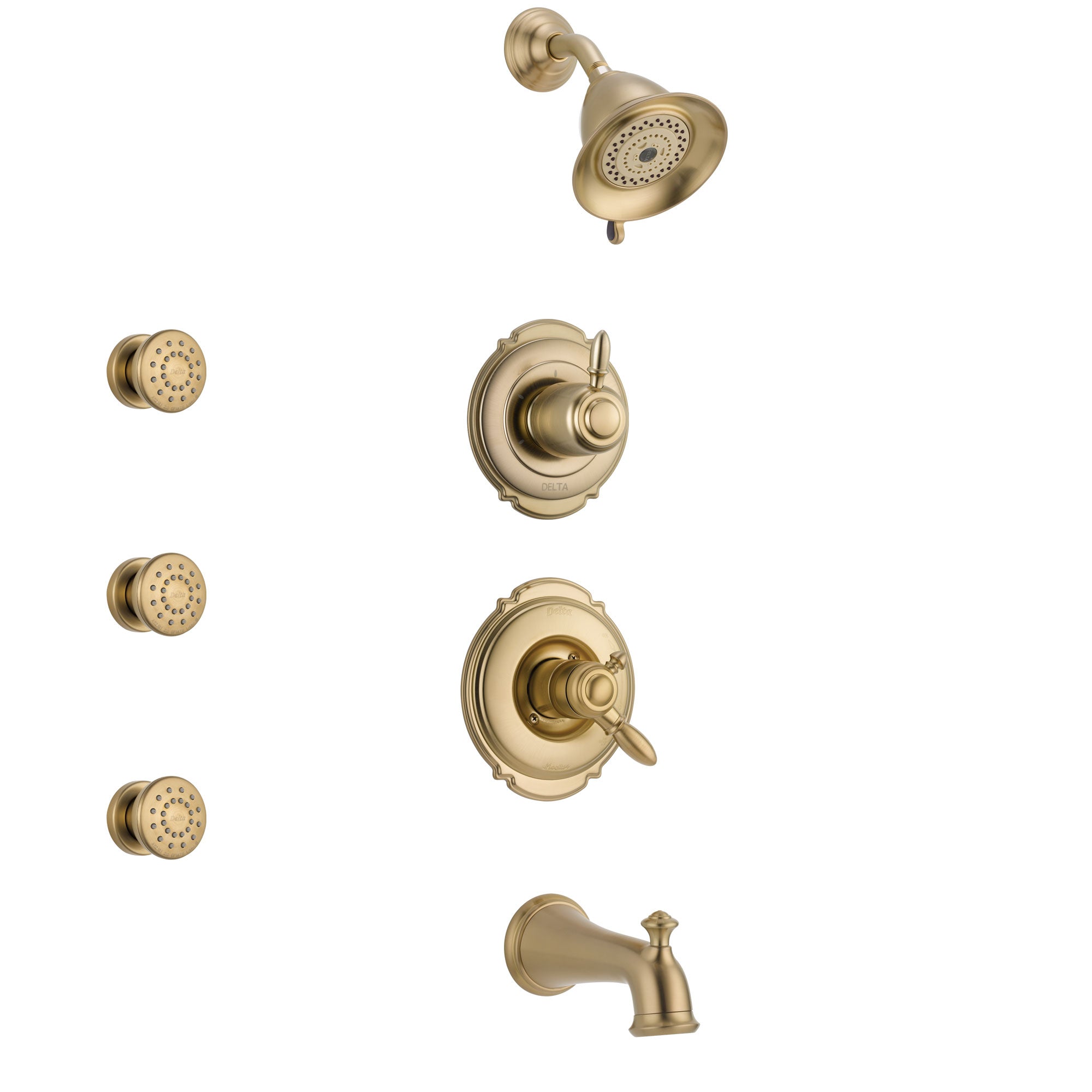 Delta Victorian Champagne Bronze Finish Tub and Shower System with Dual Control Handle, 3-Setting Diverter, Showerhead, and 3 Body Sprays SS17455CZ1
