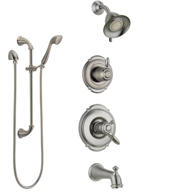 Delta Victorian Stainless Steel Finish Tub and Shower System with Dual Control Handle, Diverter, Showerhead, and Hand Shower with Slidebar SS17455SS4