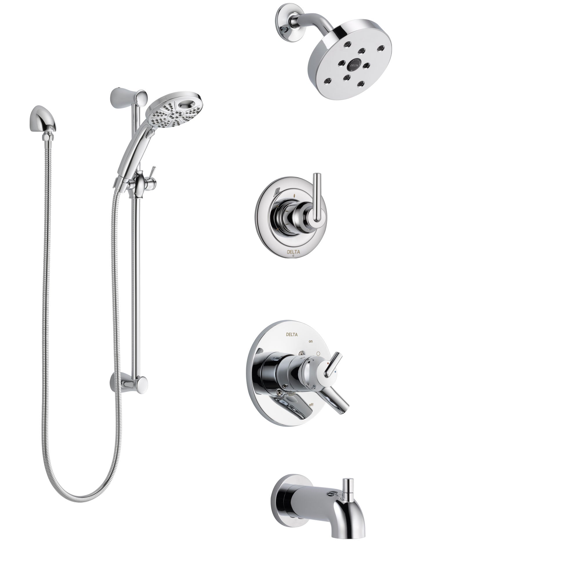 Delta Trinsic Chrome Finish Dual Control Handle Tub and Shower System, 3-Setting Diverter, Showerhead, and Temp2O Hand Shower with Slidebar SS174594