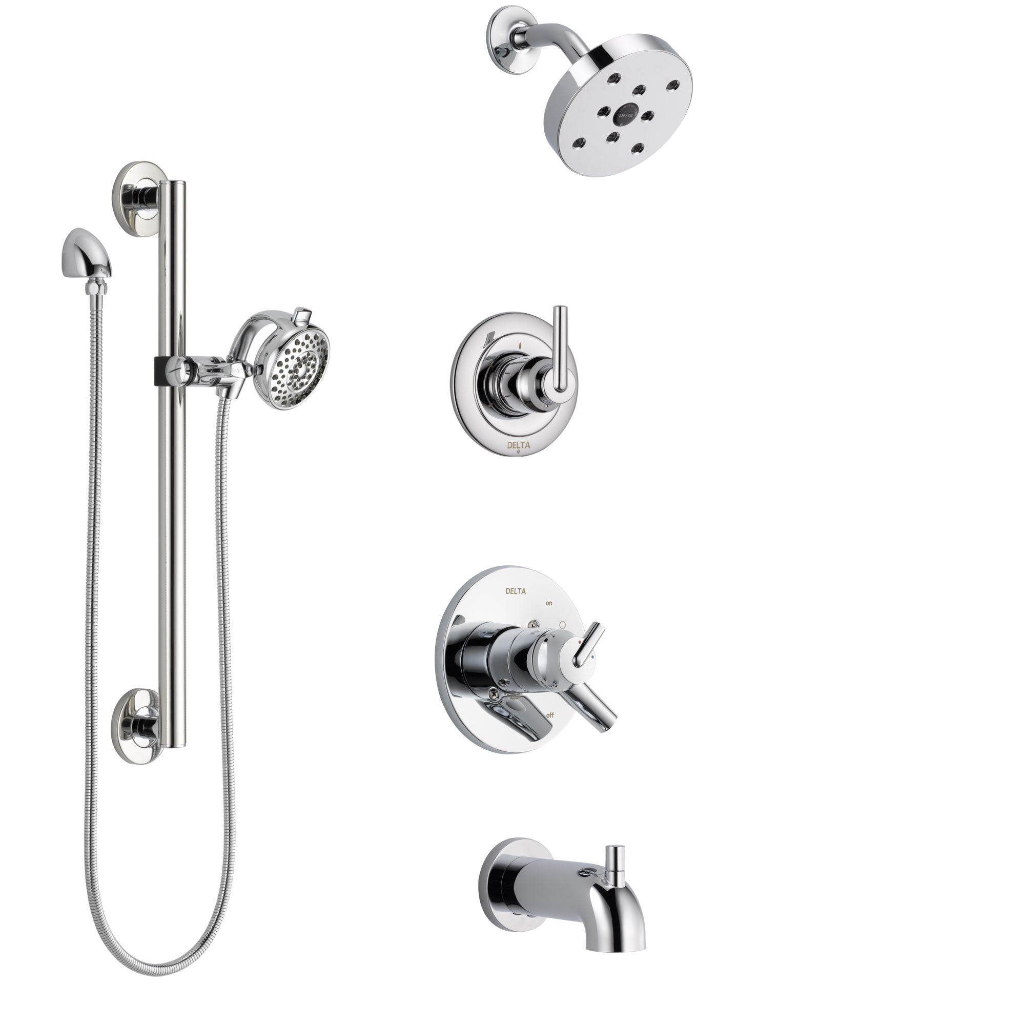 Delta Trinsic Chrome Finish Tub and Shower System with Dual Control Handle, 3-Setting Diverter, Showerhead, and Hand Shower with Grab Bar SS174595