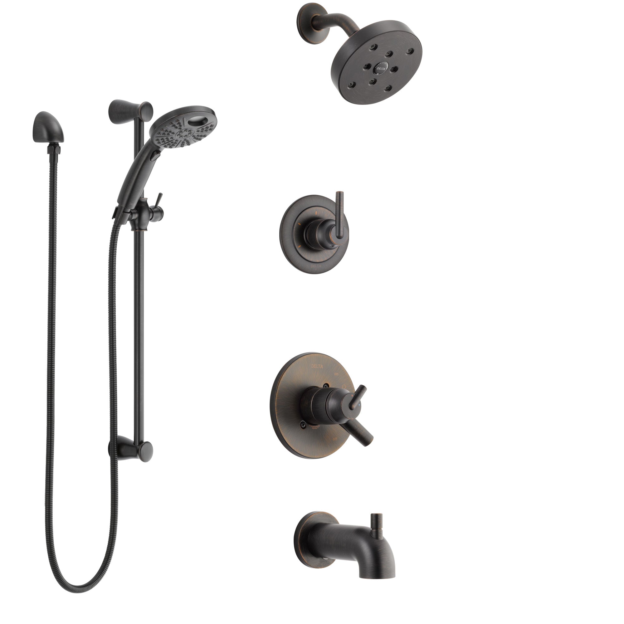 Delta Trinsic Venetian Bronze Tub and Shower System with Dual Control, 3-Setting Diverter, Showerhead, and Temp2O Hand Shower with Slidebar SS17459RB4