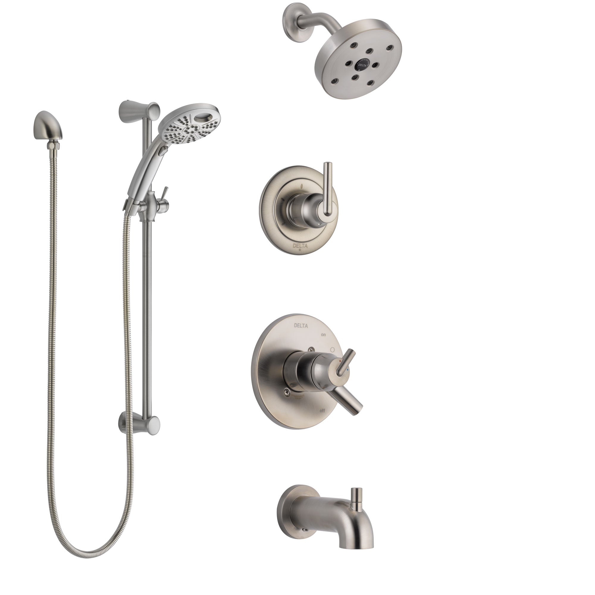 Delta Trinsic Stainless Steel Finish Dual Control Handle Tub and Shower System, Diverter, Showerhead, and Temp2O Hand Shower with Slidebar SS17459SS4