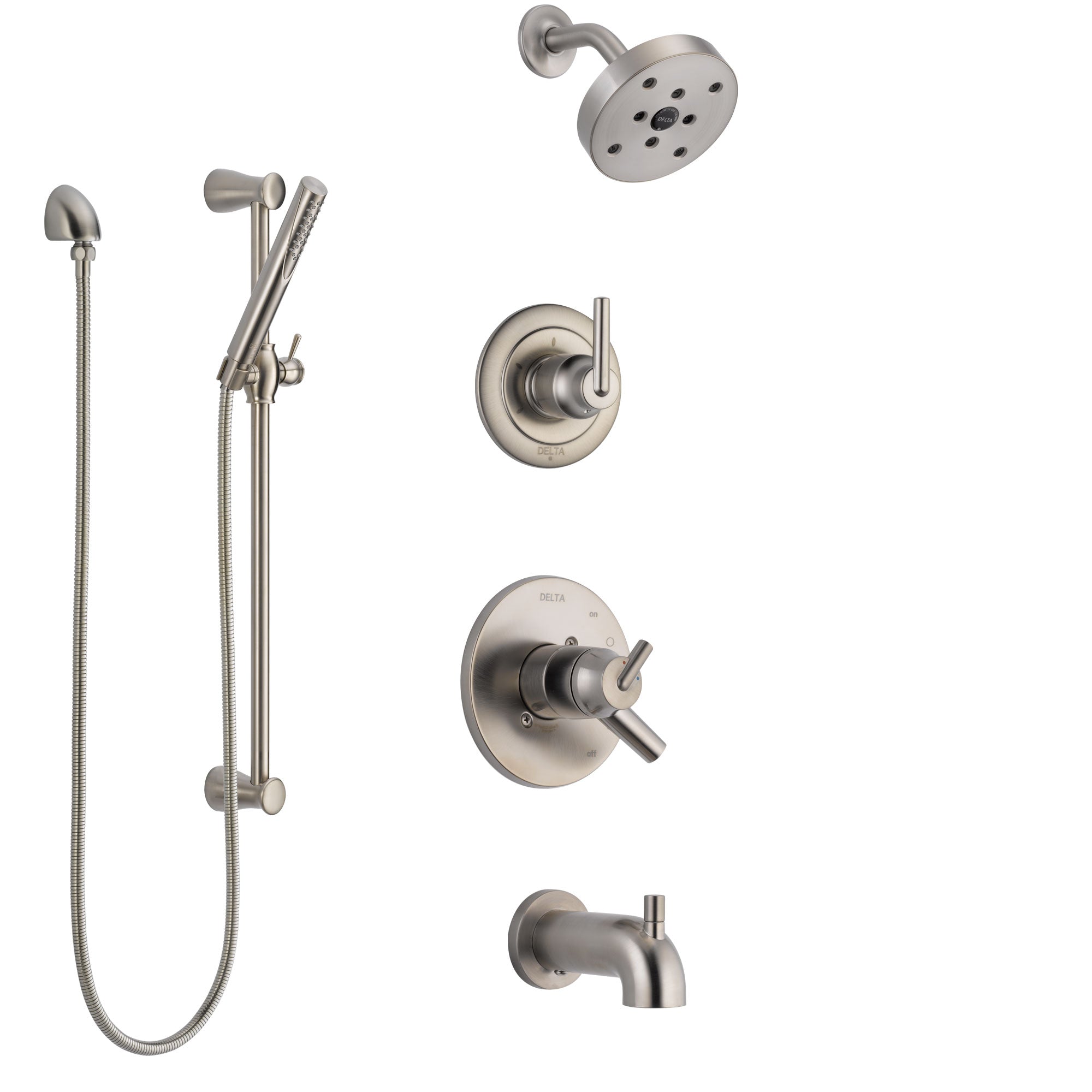 Delta Trinsic Stainless Steel Finish Tub and Shower System with Dual Control Handle, Diverter, Showerhead, and Hand Shower with Slidebar SS17459SS5