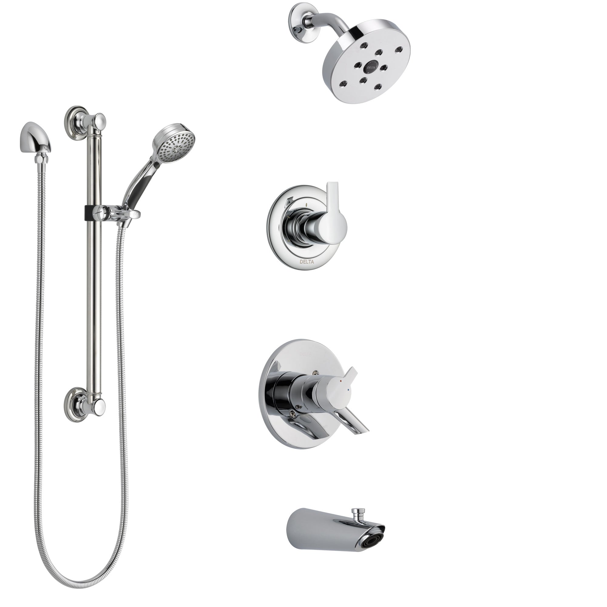 Delta Compel Chrome Finish Tub and Shower System with Dual Control Handle, 3-Setting Diverter, Showerhead, and Hand Shower with Grab Bar SS174613