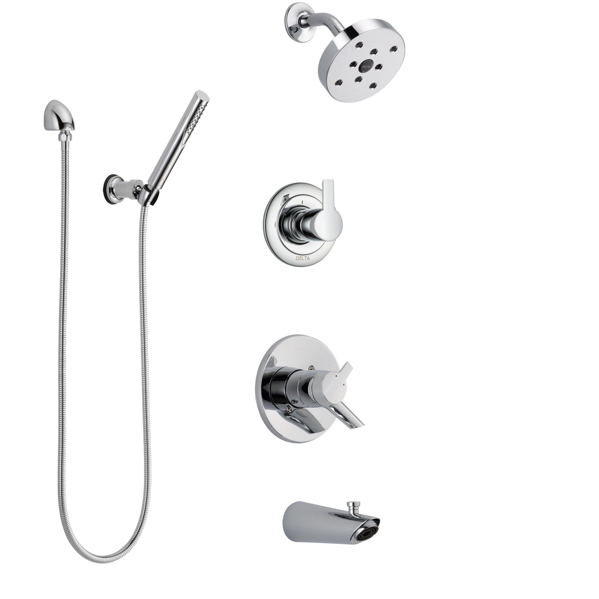 Delta Compel Chrome Finish Tub and Shower System with Dual Control Handle, 3-Setting Diverter, Showerhead, and Hand Shower with Wall Bracket SS174616
