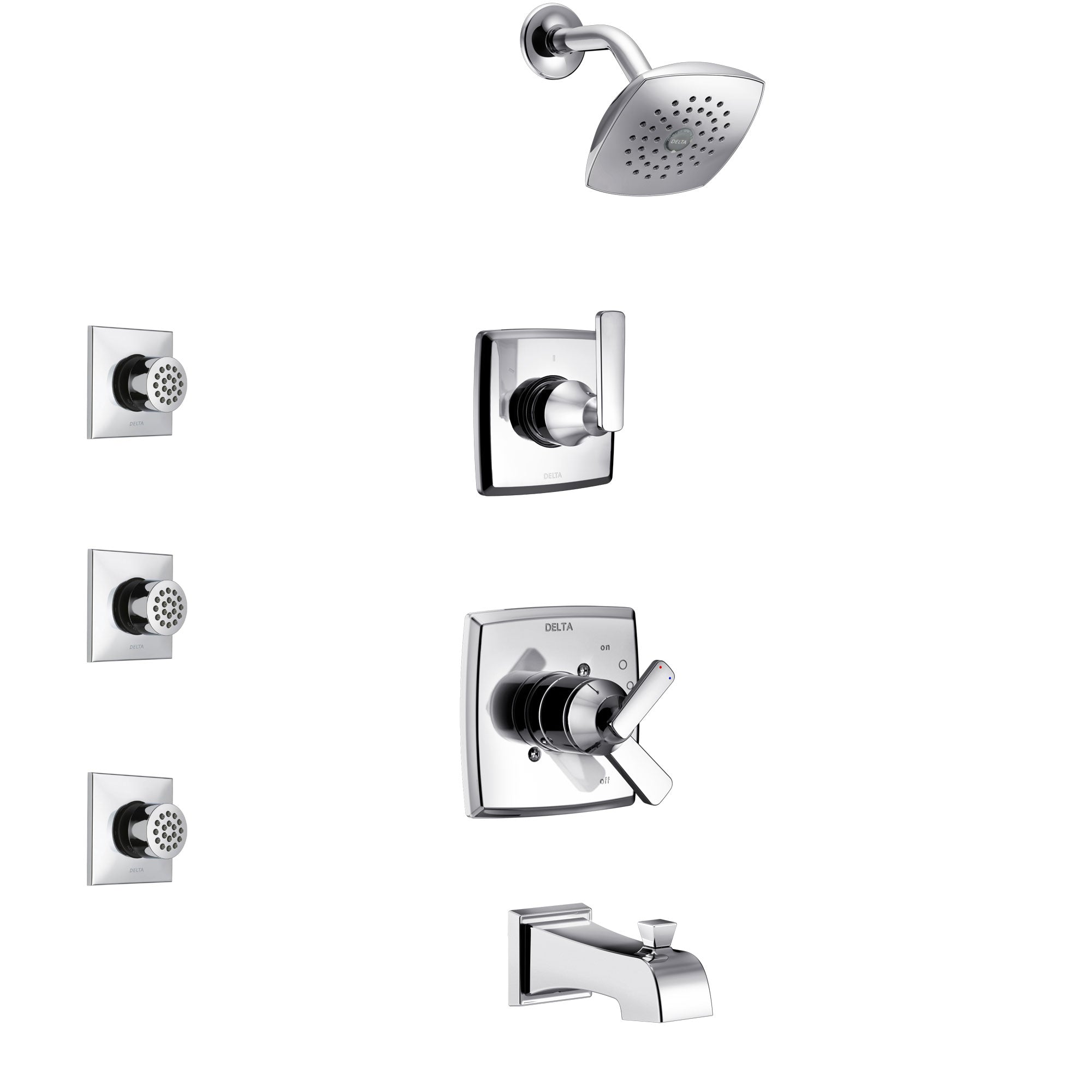 Delta Ashlyn Chrome Finish Tub and Shower System with Dual Control Handle, 3-Setting Diverter, Showerhead, and 3 Body Sprays SS174641