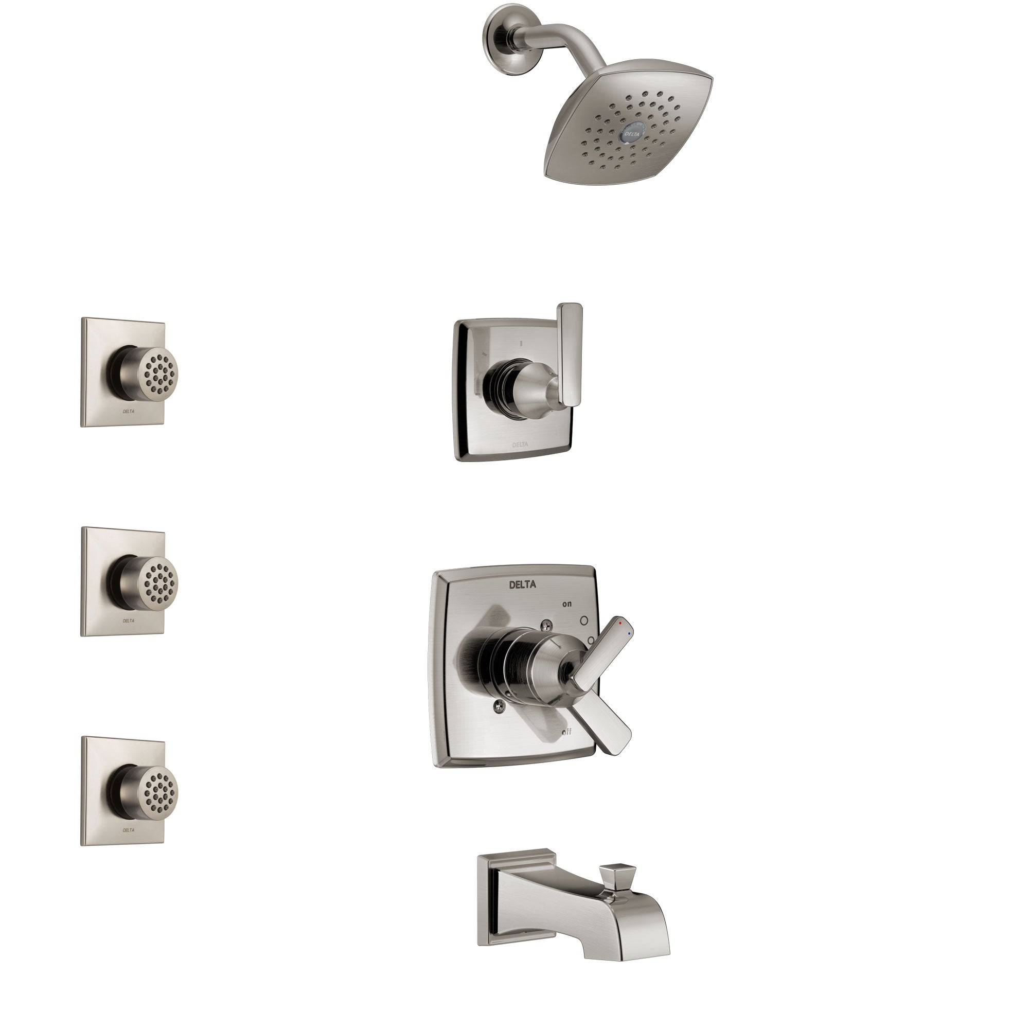 Delta Ashlyn Stainless Steel Finish Tub and Shower System with Dual Control Handle, 3-Setting Diverter, Showerhead, and 3 Body Sprays SS17464SS2