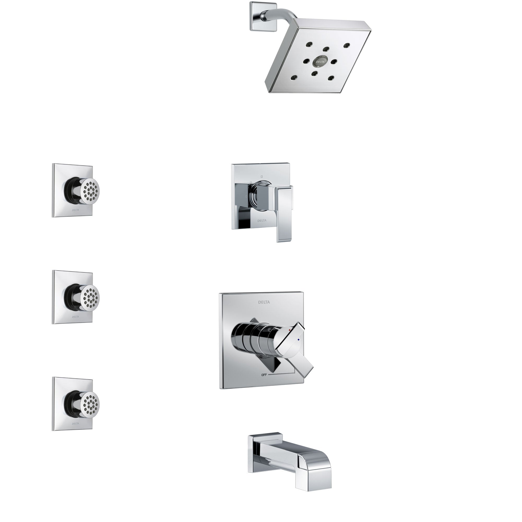 Delta Ara Chrome Finish Tub and Shower System with Dual Control Handle, 3-Setting Diverter, Showerhead, and 3 Body Sprays SS174671