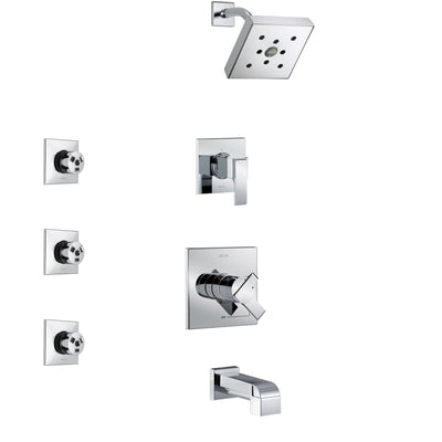 Delta Ara Chrome Finish Tub and Shower System with Dual Control Handle, 3-Setting Diverter, Showerhead, and 3 Body Sprays SS174672