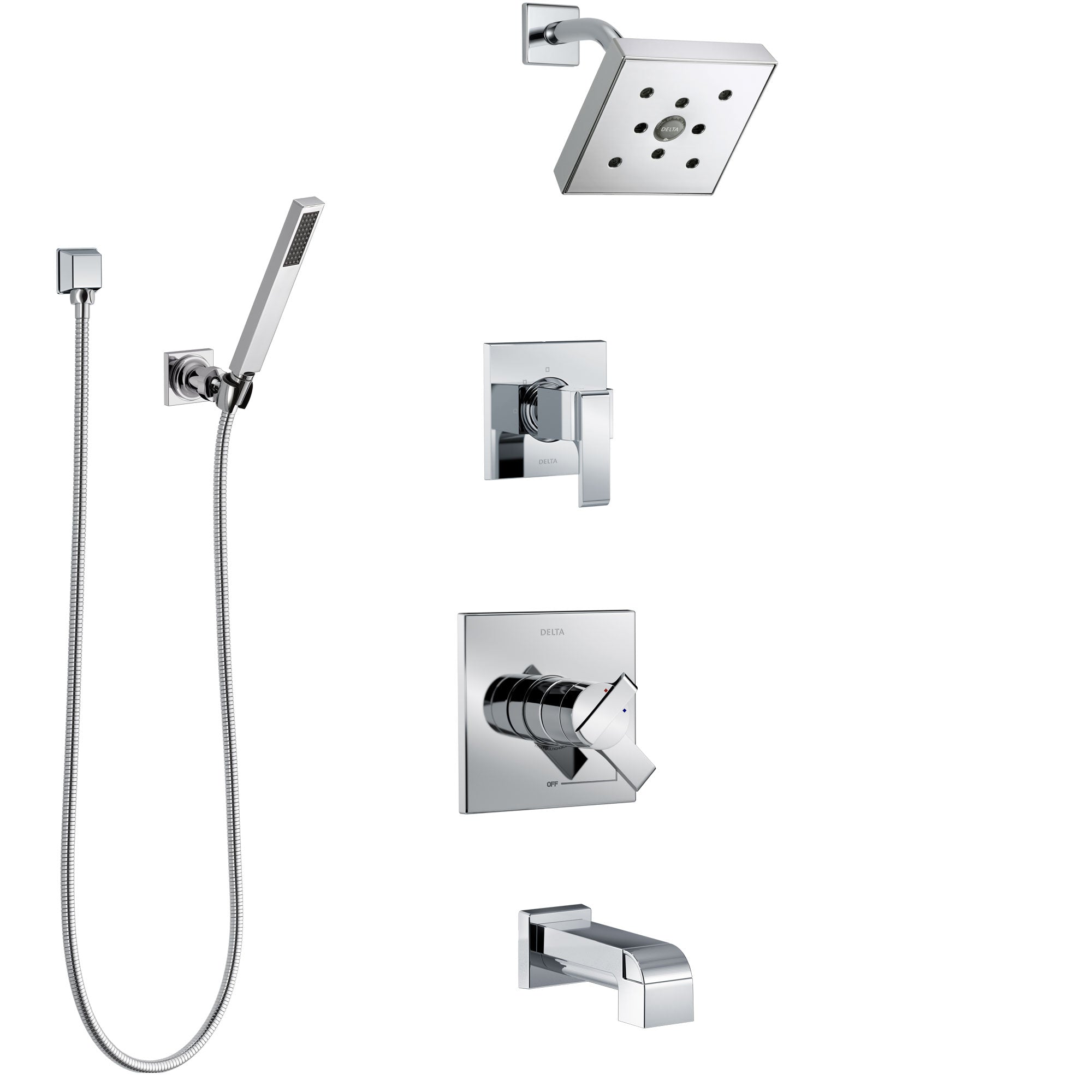 Delta Ara Chrome Finish Tub and Shower System with Dual Control Handle, 3-Setting Diverter, Showerhead, and Hand Shower with Wall Bracket SS174674