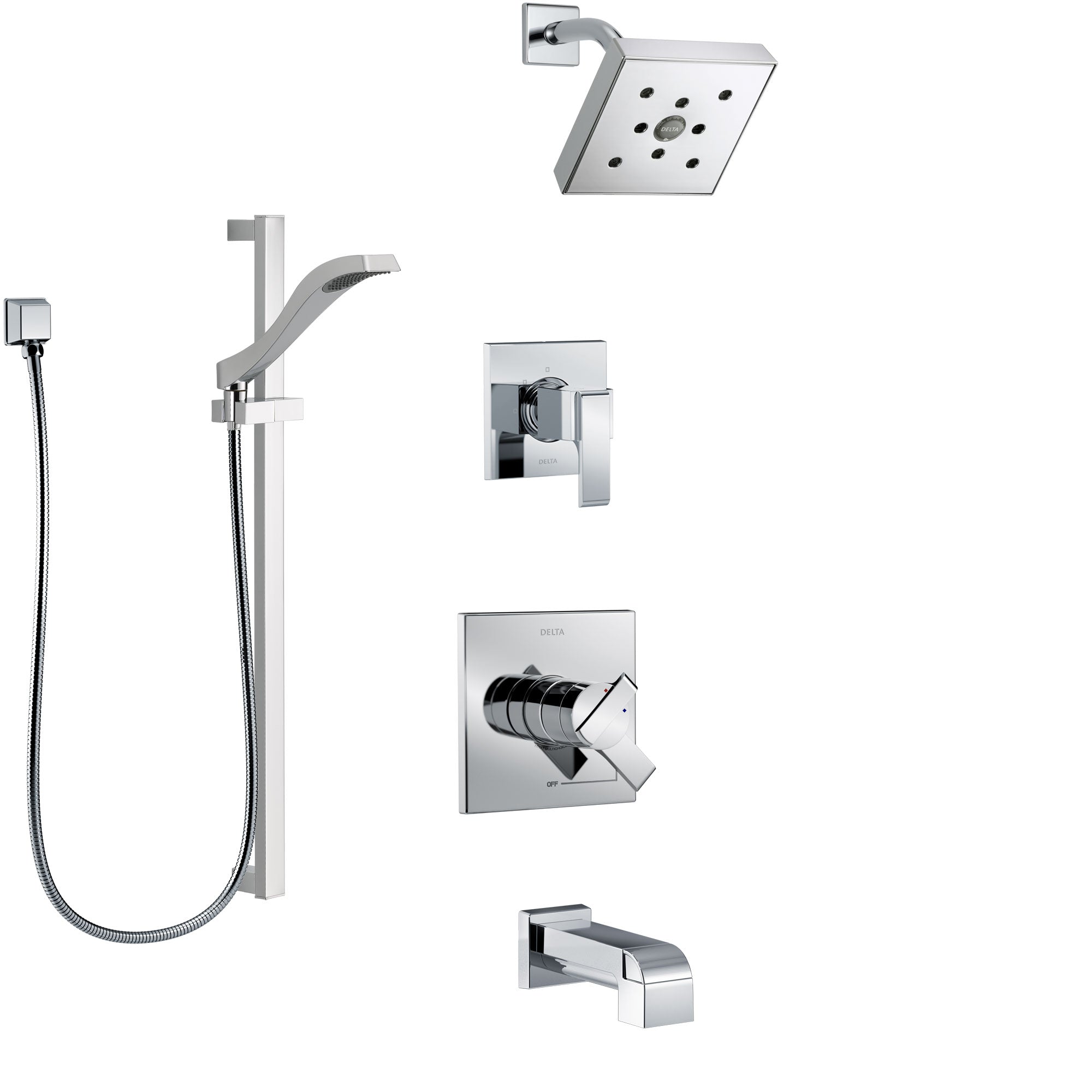 Delta Ara Chrome Finish Tub and Shower System with Dual Control Handle, 3-Setting Diverter, Showerhead, and Hand Shower with Slidebar SS174675