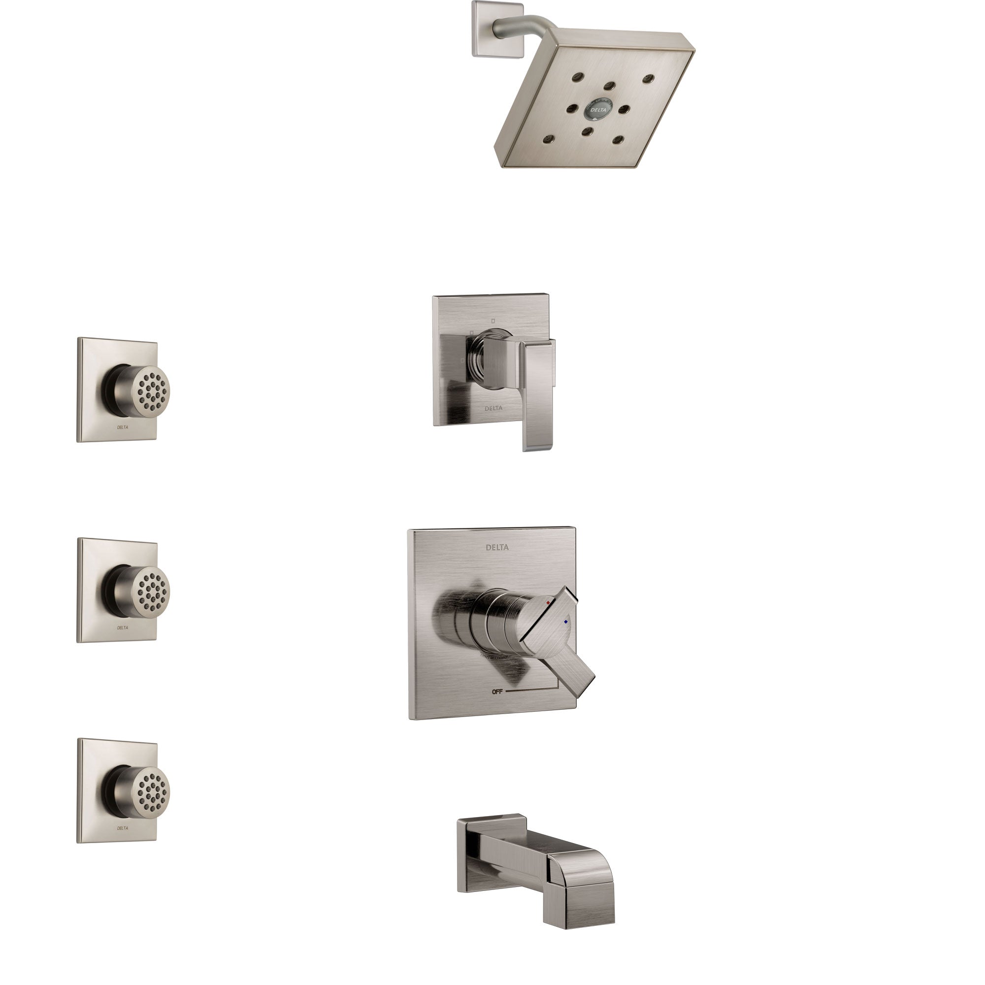 Delta Ara Stainless Steel Finish Tub and Shower System with Dual Control Handle, 3-Setting Diverter, Showerhead, and 3 Body Sprays SS17467SS1