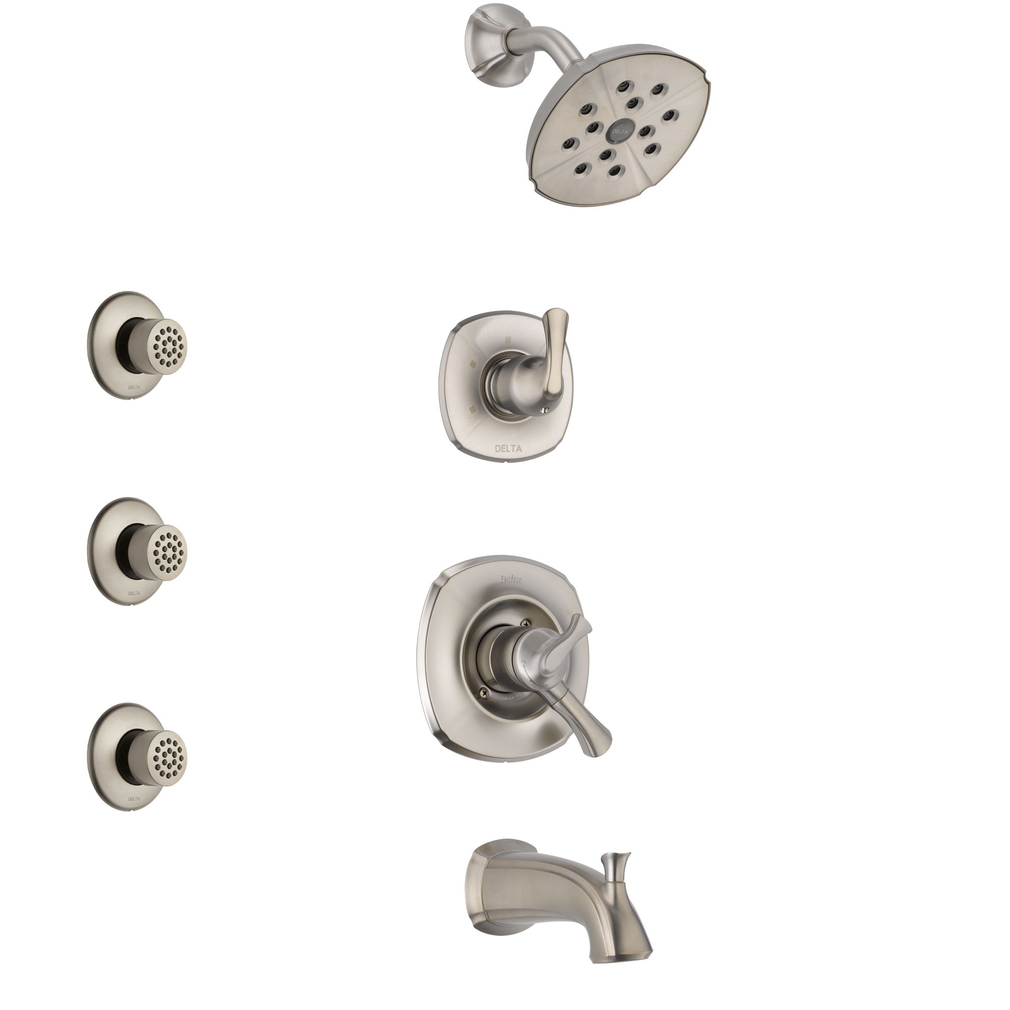 Delta Addison Stainless Steel Finish Tub and Shower System with Dual Control Handle, 3-Setting Diverter, Showerhead, and 3 Body Sprays SS17492SS2