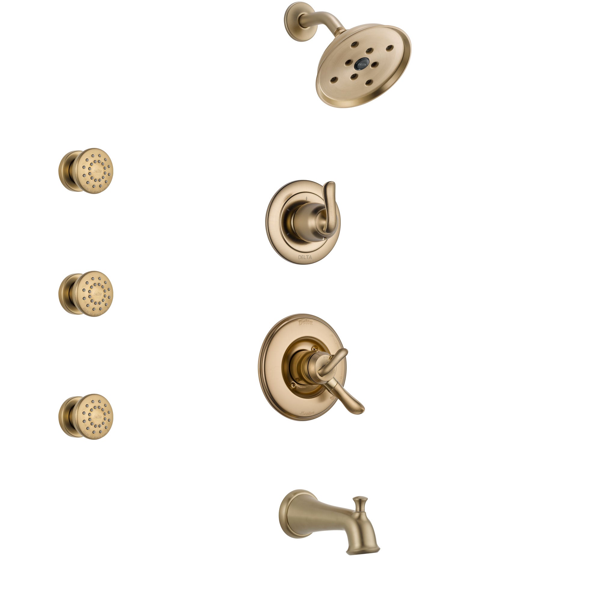 Delta Linden Champagne Bronze Finish Tub and Shower System with Dual Control Handle, 3-Setting Diverter, Showerhead, and 3 Body Sprays SS17494CZ1
