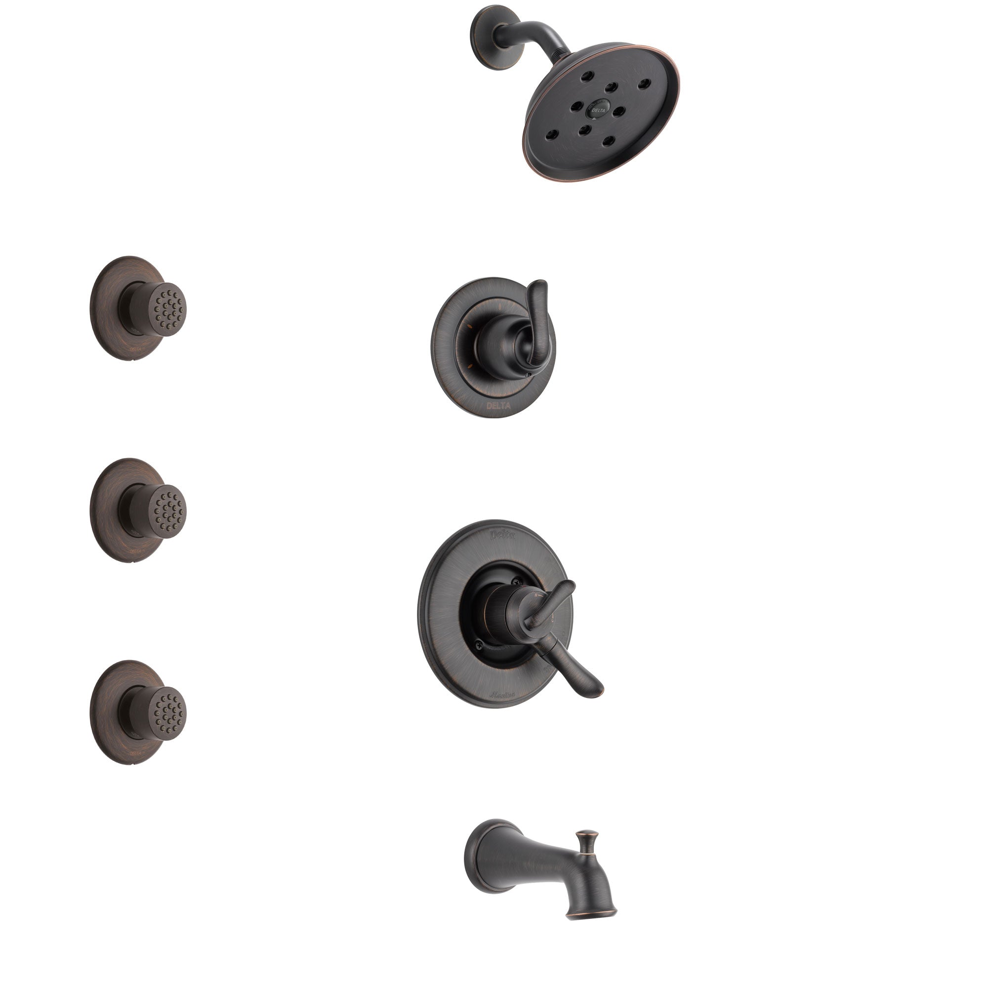 Delta Linden Venetian Bronze Finish Tub and Shower System with Dual Control Handle, 3-Setting Diverter, Showerhead, and 3 Body Sprays SS17494RB1