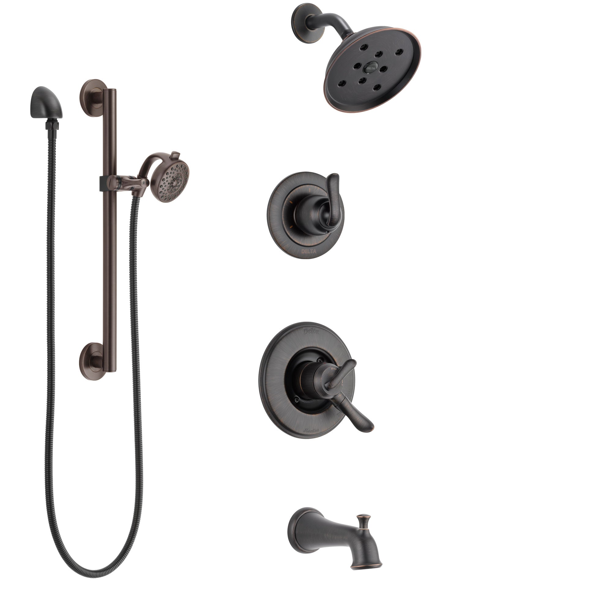 Delta Linden Venetian Bronze Tub and Shower System with Dual Control Handle, 3-Setting Diverter, Showerhead, and Hand Shower with Grab Bar SS17494RB5