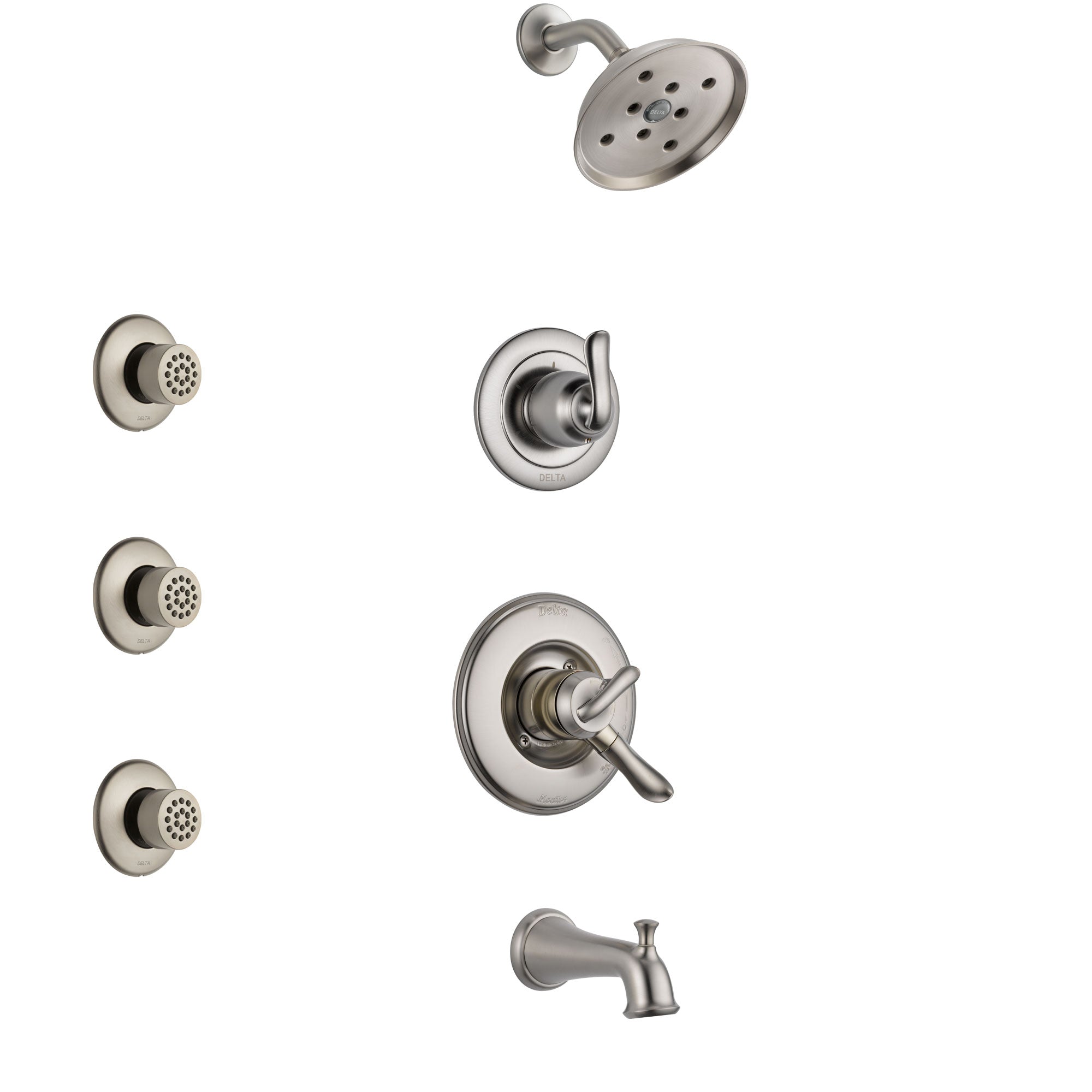 Delta Linden Stainless Steel Finish Tub and Shower System with Dual Control Handle, 3-Setting Diverter, Showerhead, and 3 Body Sprays SS17494SS2